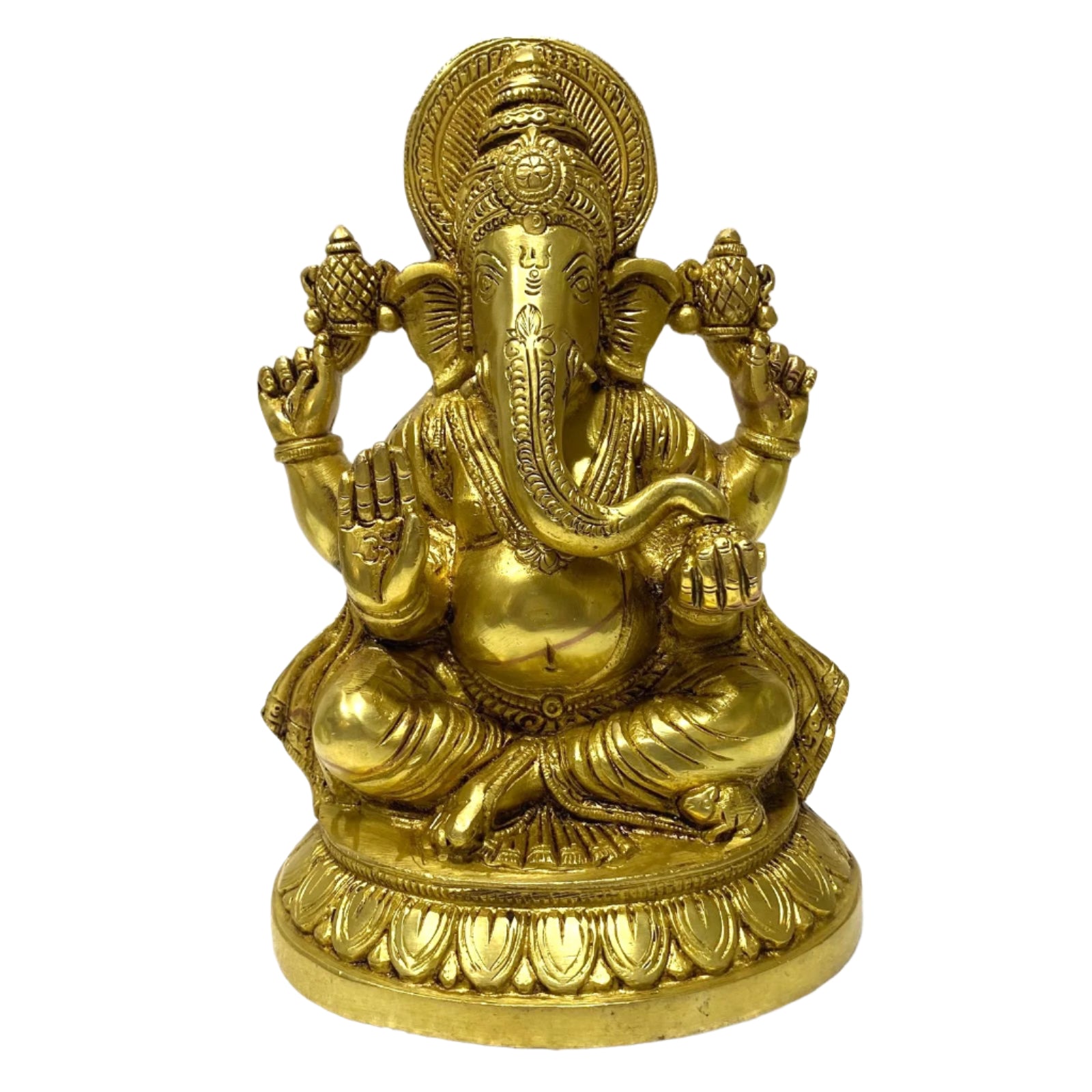 Gold-colored statue of a deity with multiple arms on a white background