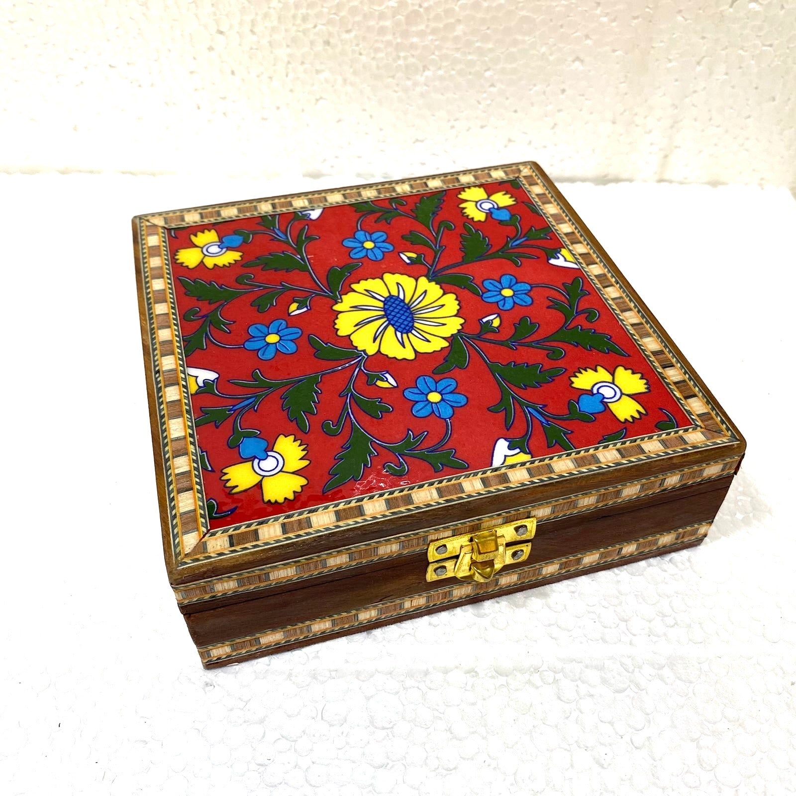 Blue Pottery Tile Wooden Box Storage Utility Jewelry New Arrival Tamrapatra
