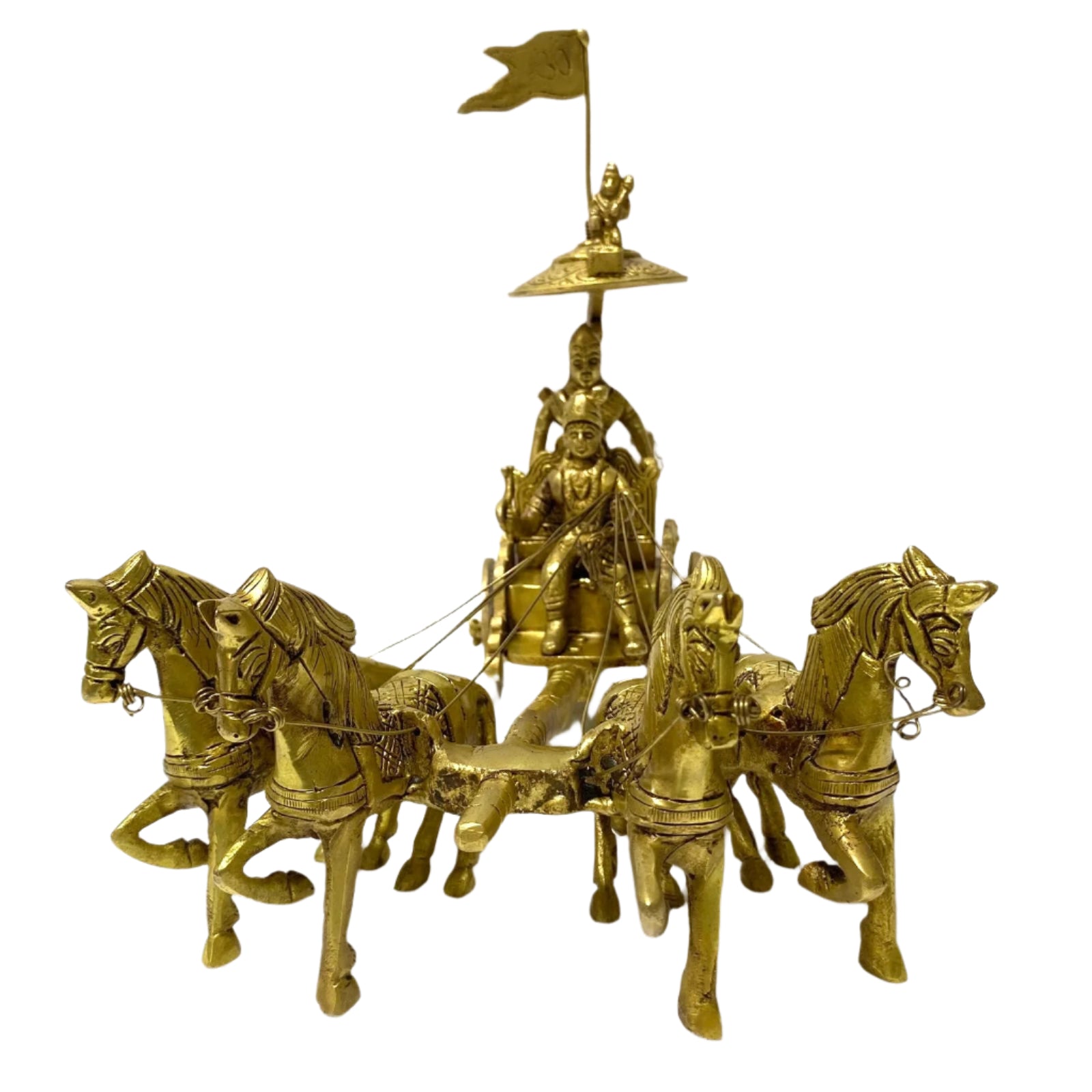 Gold-colored chariot with horses and a figure on a white background