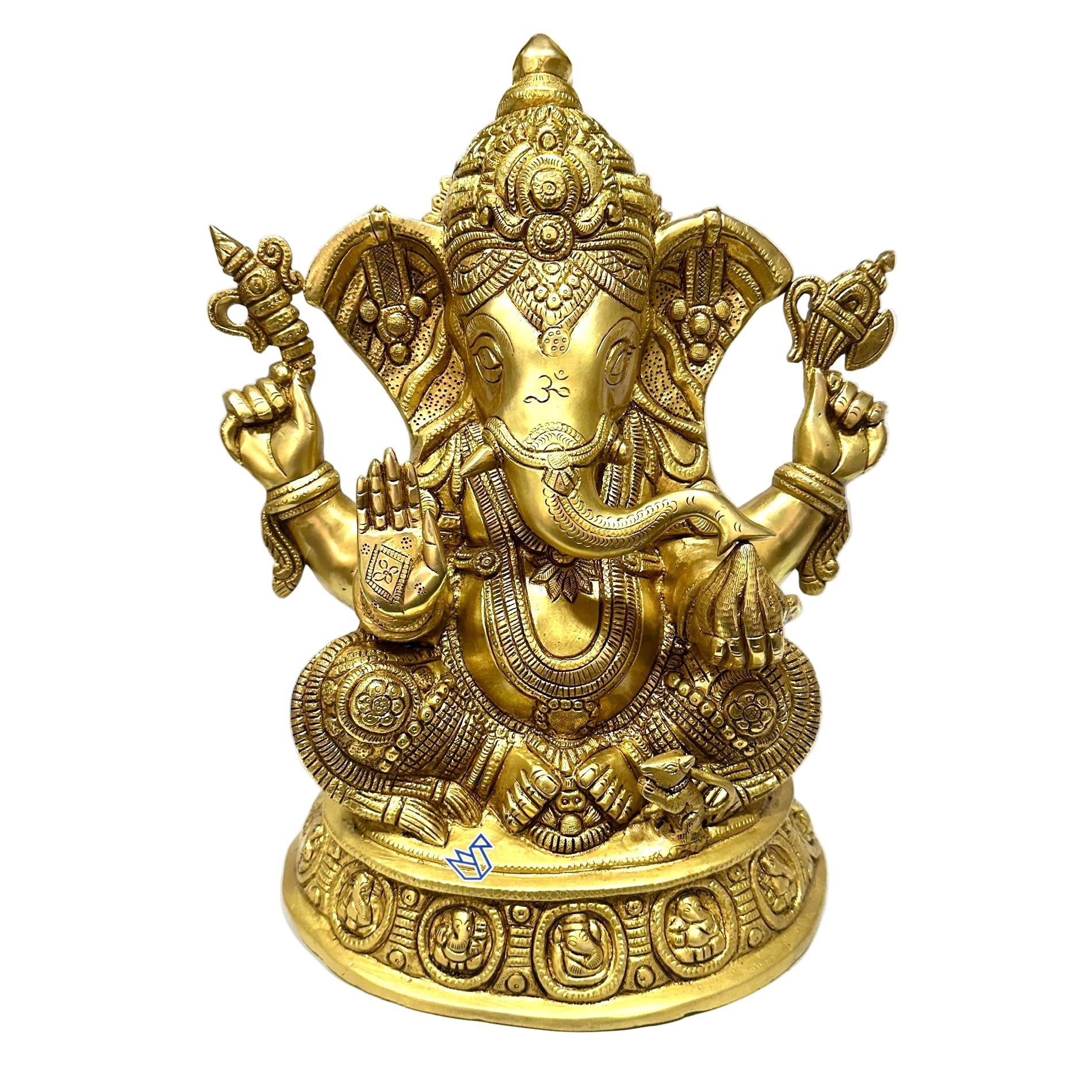 Gold-colored statue of a deity with multiple arms and symbols on a white background