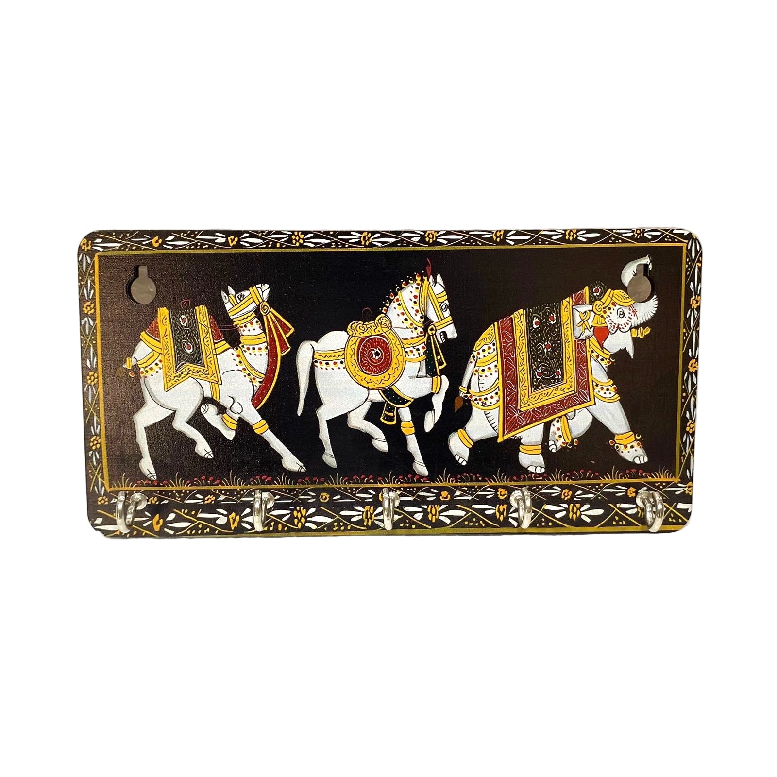 Decorative box with horse and elephant design on a textured white background