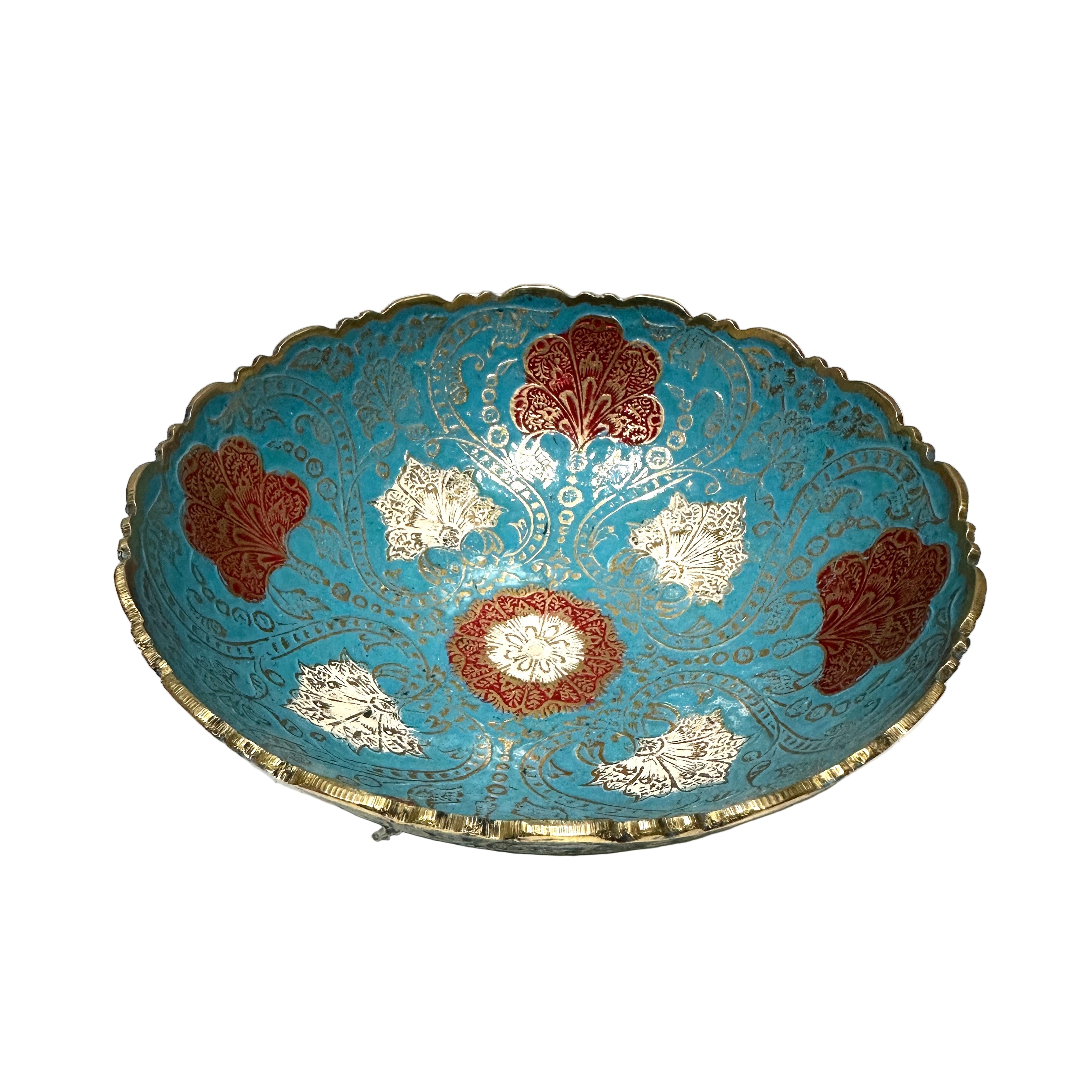 Decorative bowl with blue and gold patterns on a white surface