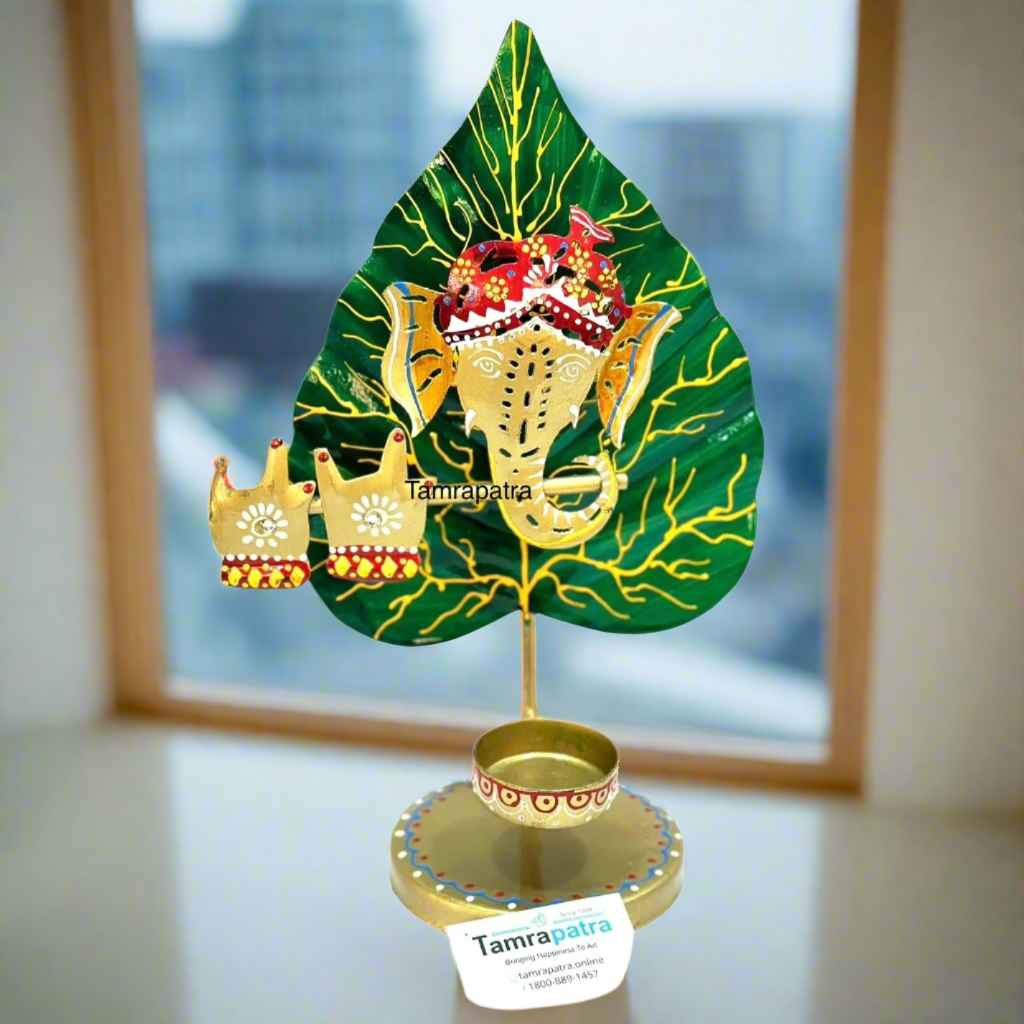 Leaf Ganesh Om Tea Light Holder Attractive Metal Creations Exclusive Art Tamrapatra