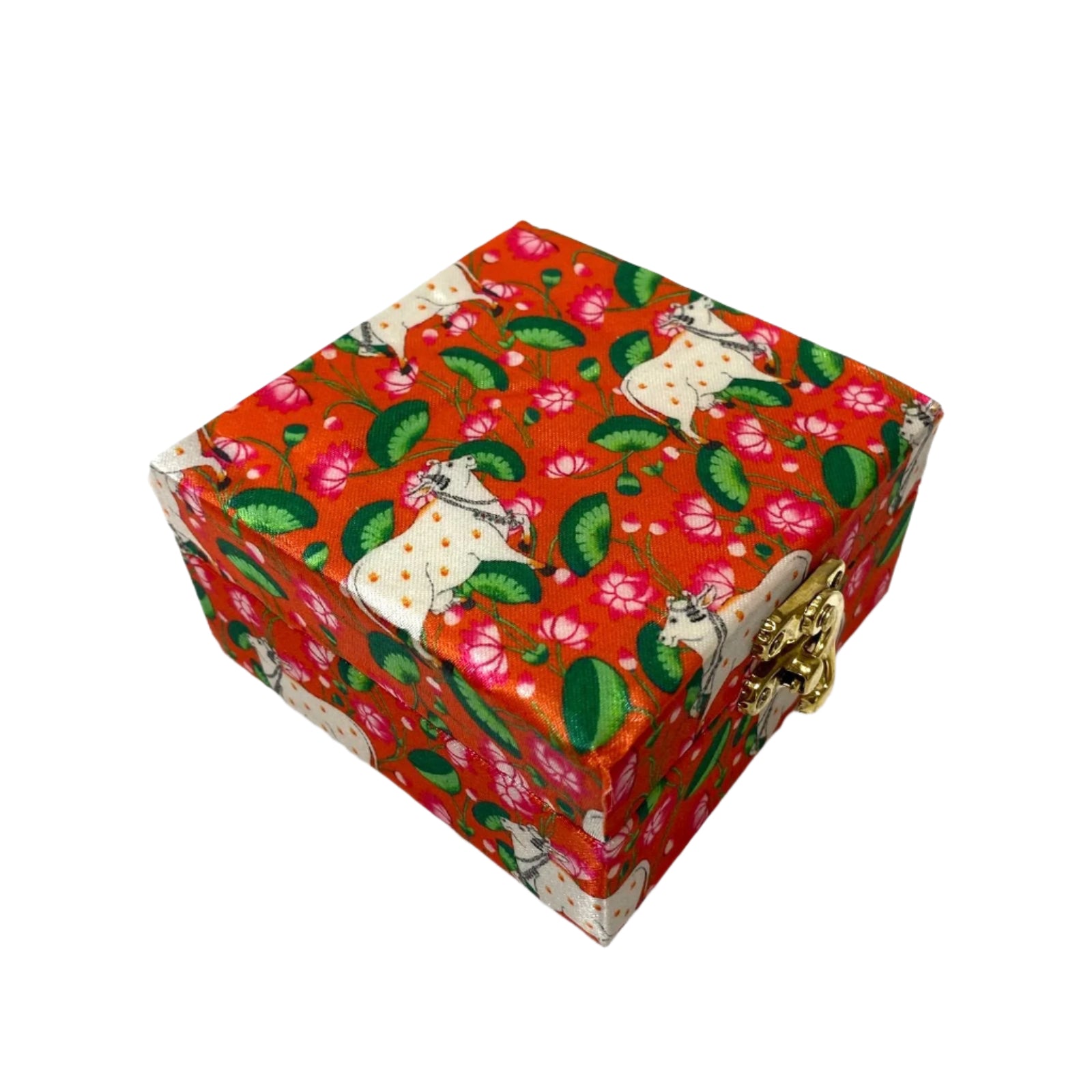 Decorative box with floral and cat pattern on a white background