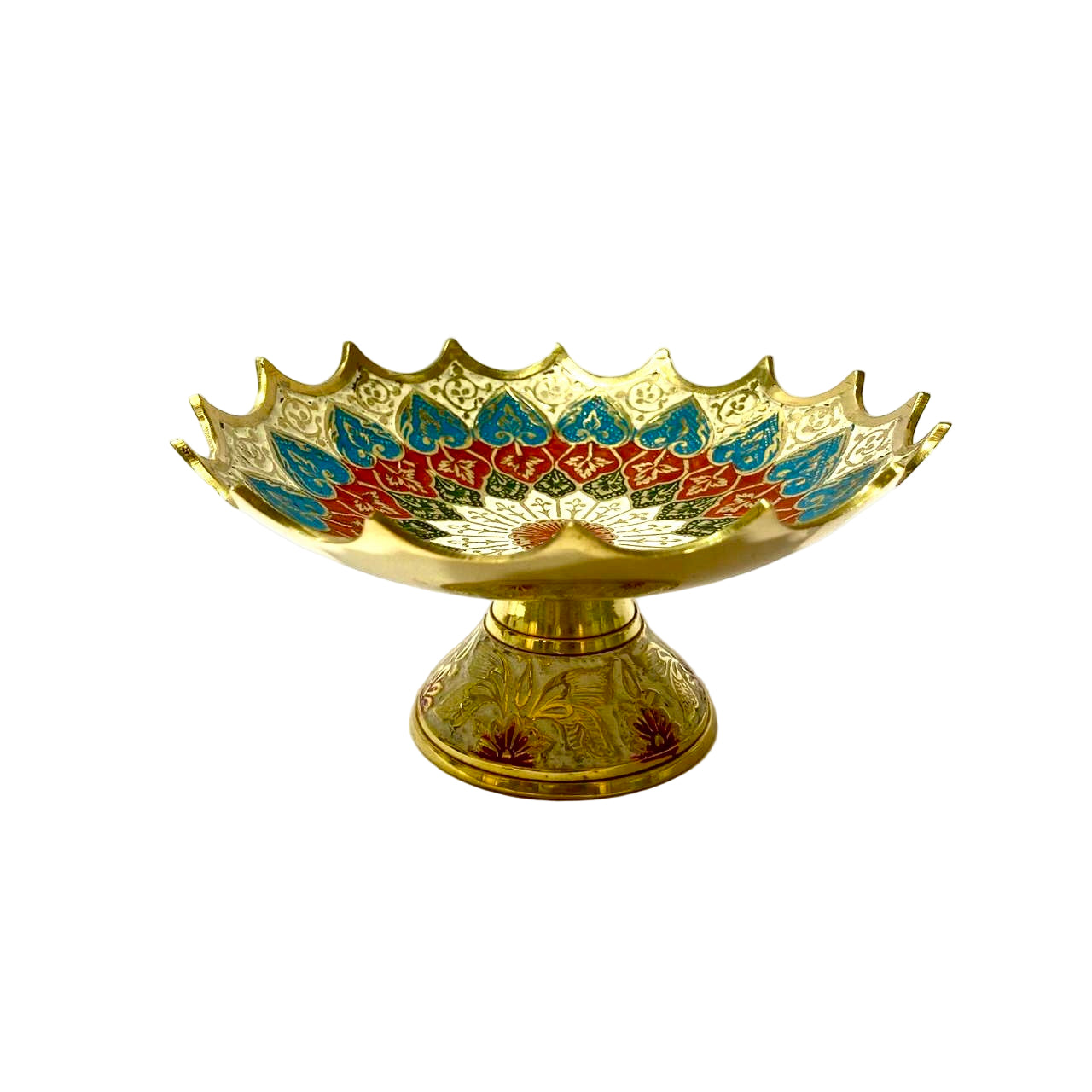 Decorative gold bowl with colorful patterns on a white background