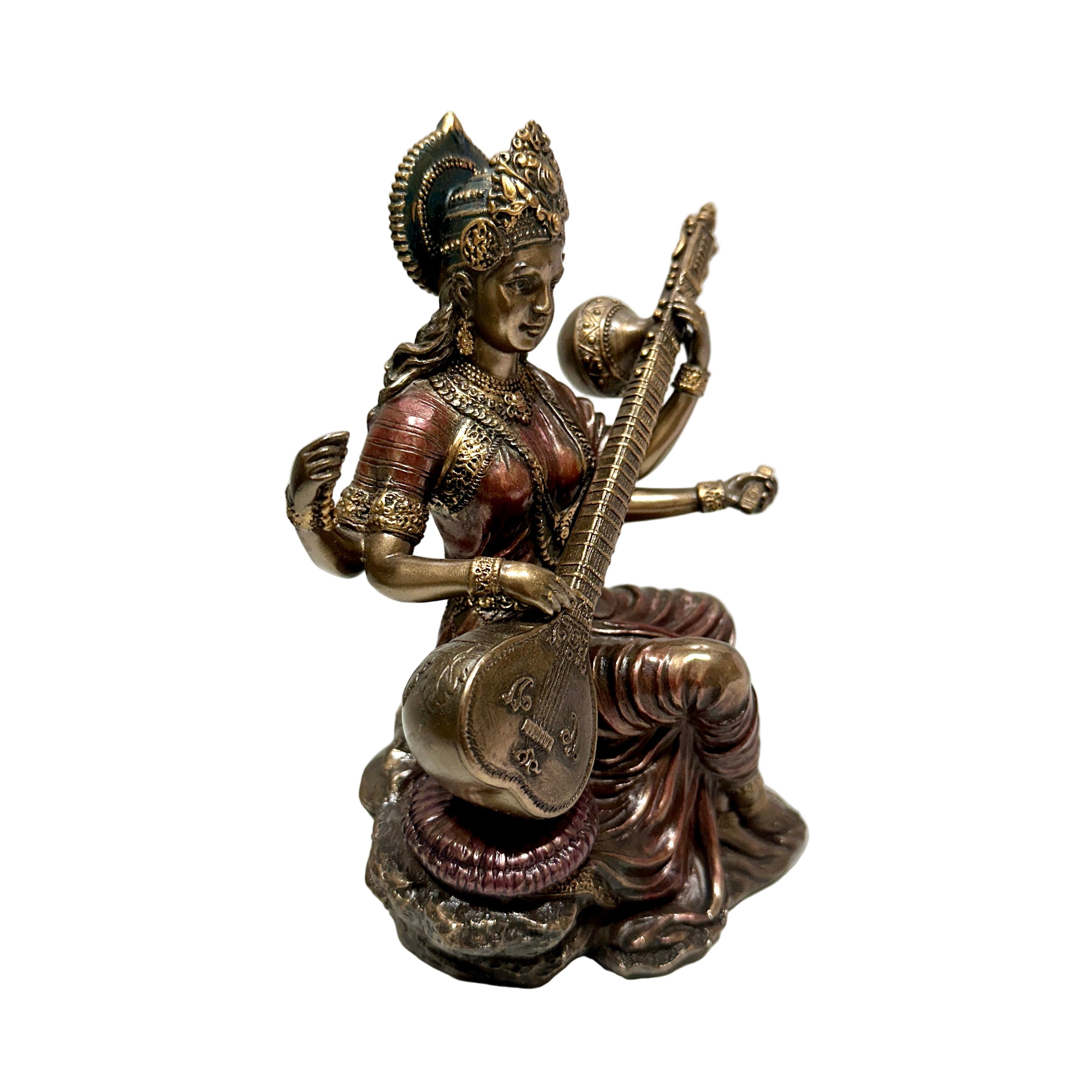 Bronze statue of a musician playing a stringed instrument on a white background