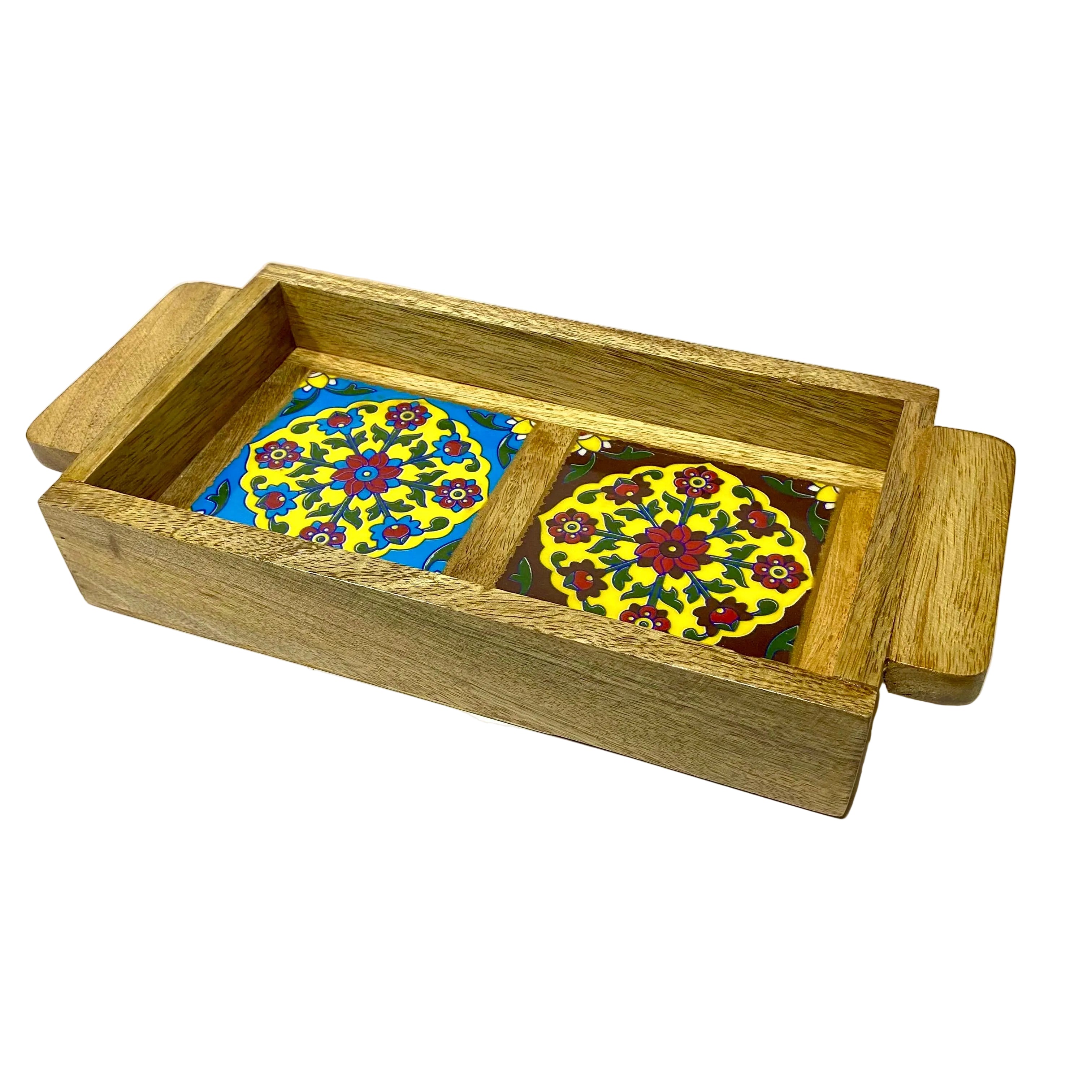 Wooden tray with two decorative coasters on a white background
