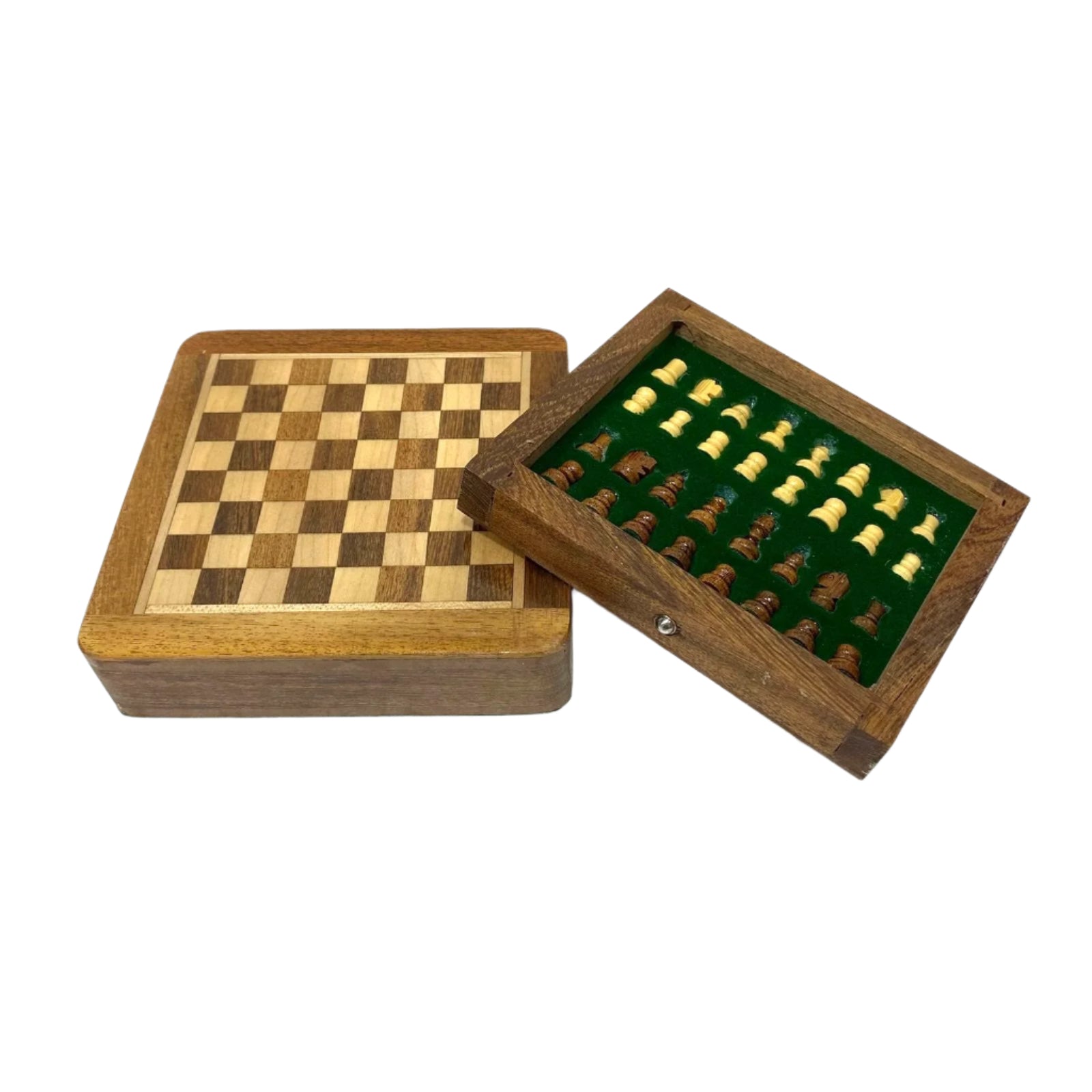 Wooden chess set with checkered board and pieces on a white background