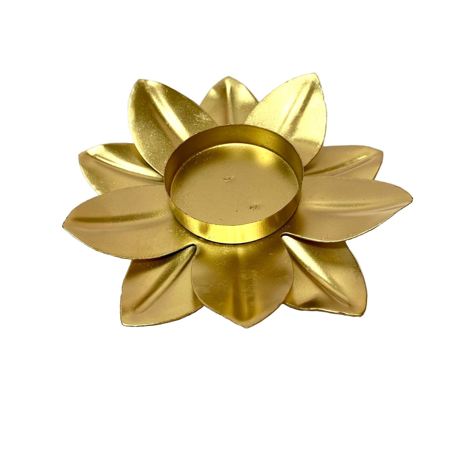 Gold lotus-shaped candle holder on a white background