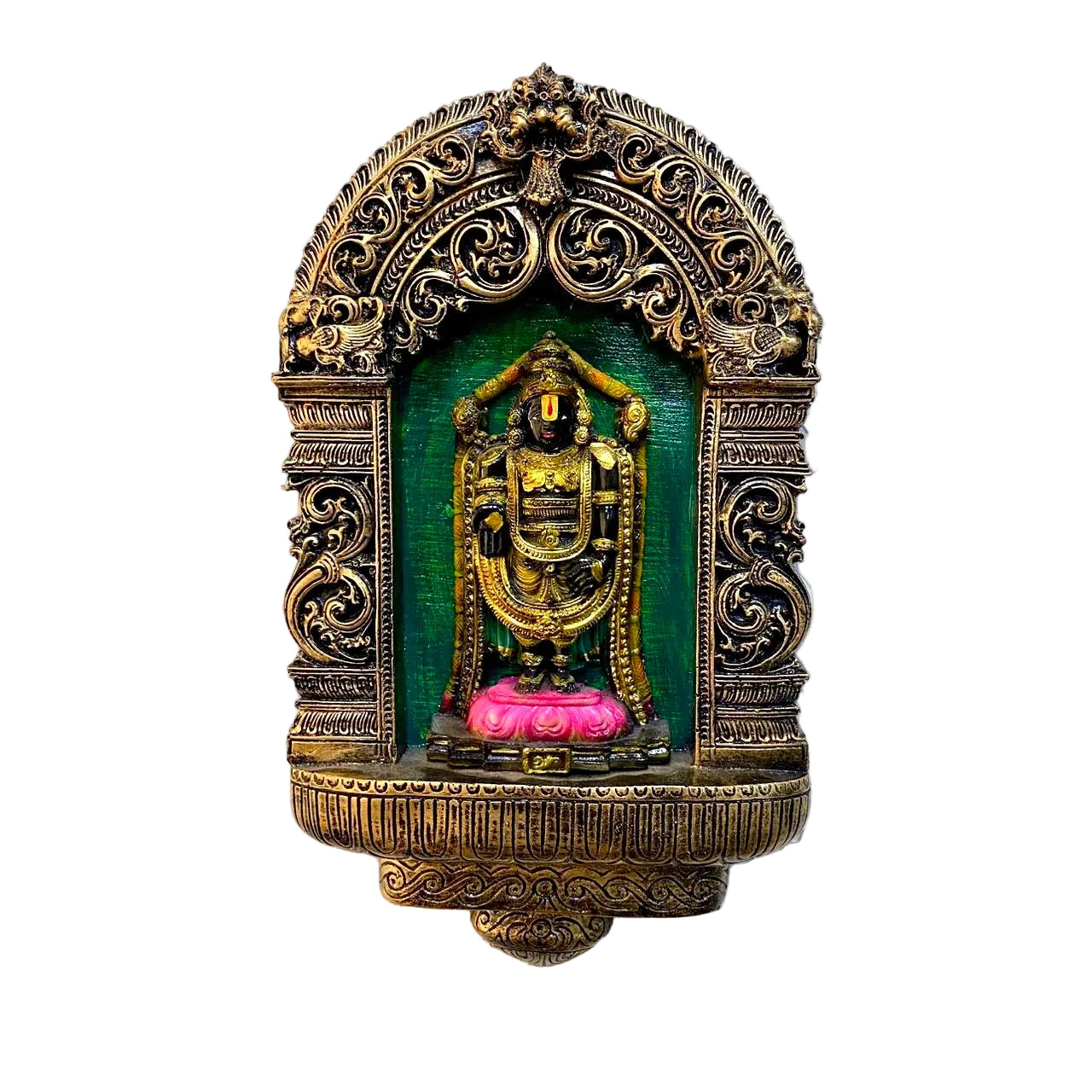 Decorative wall hanging with a figure in a ornate frame on a textured white background