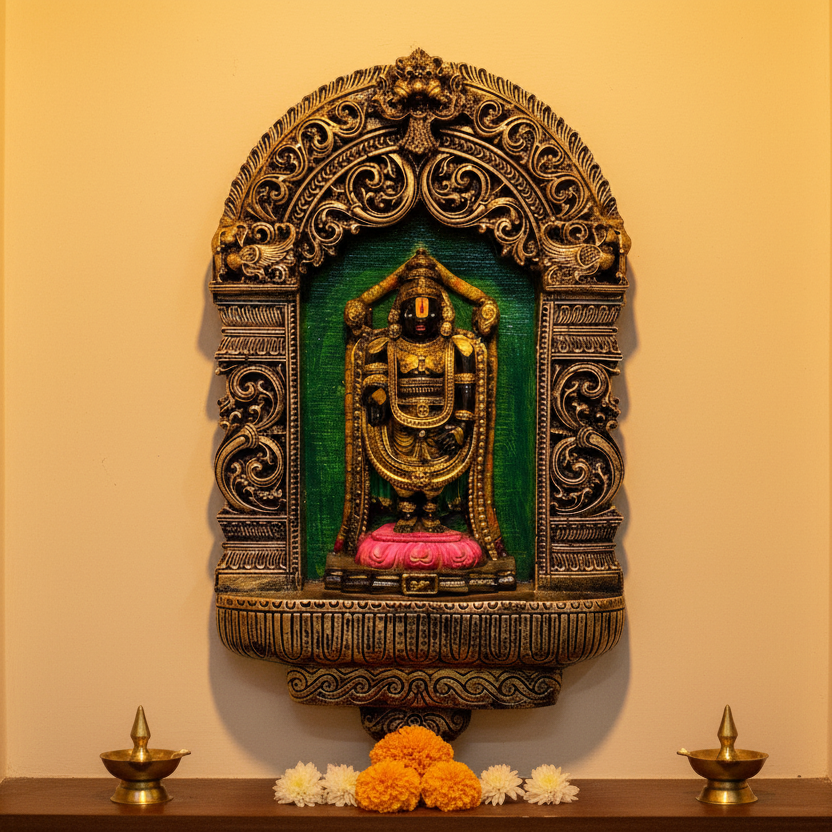 Decorative wall hanging with a figure in a ornate frame on a textured white background