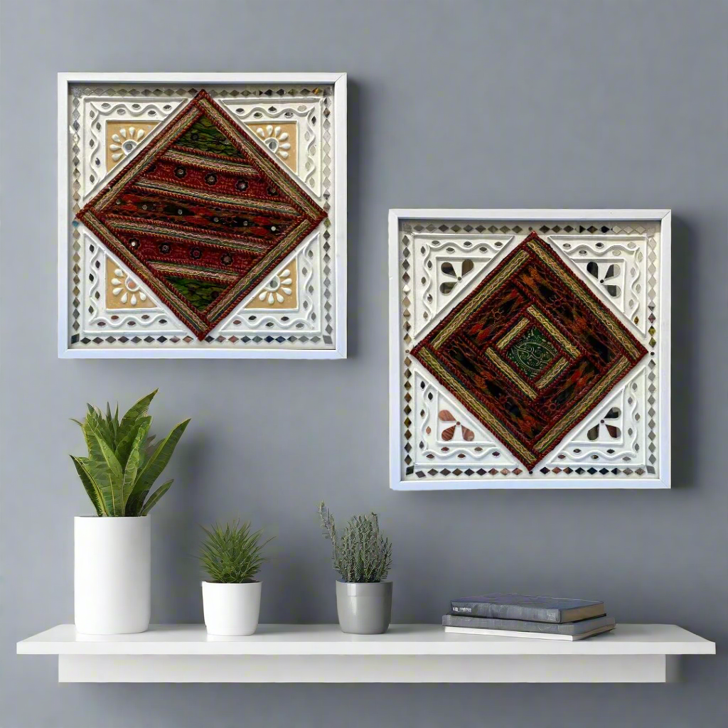 Two decorative wall art pieces with geometric patterns on a white background