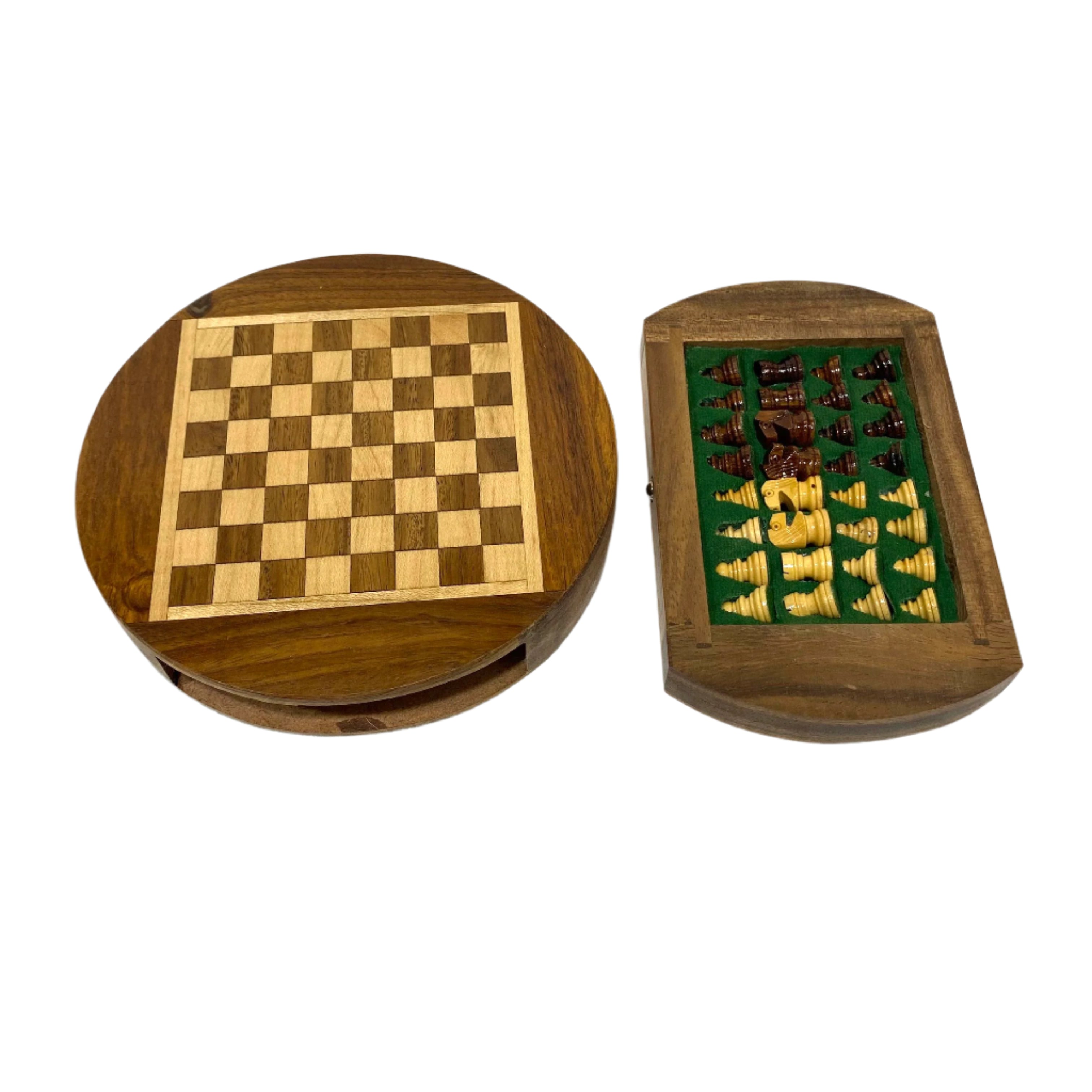 Wooden chess set with board and pieces on a white background