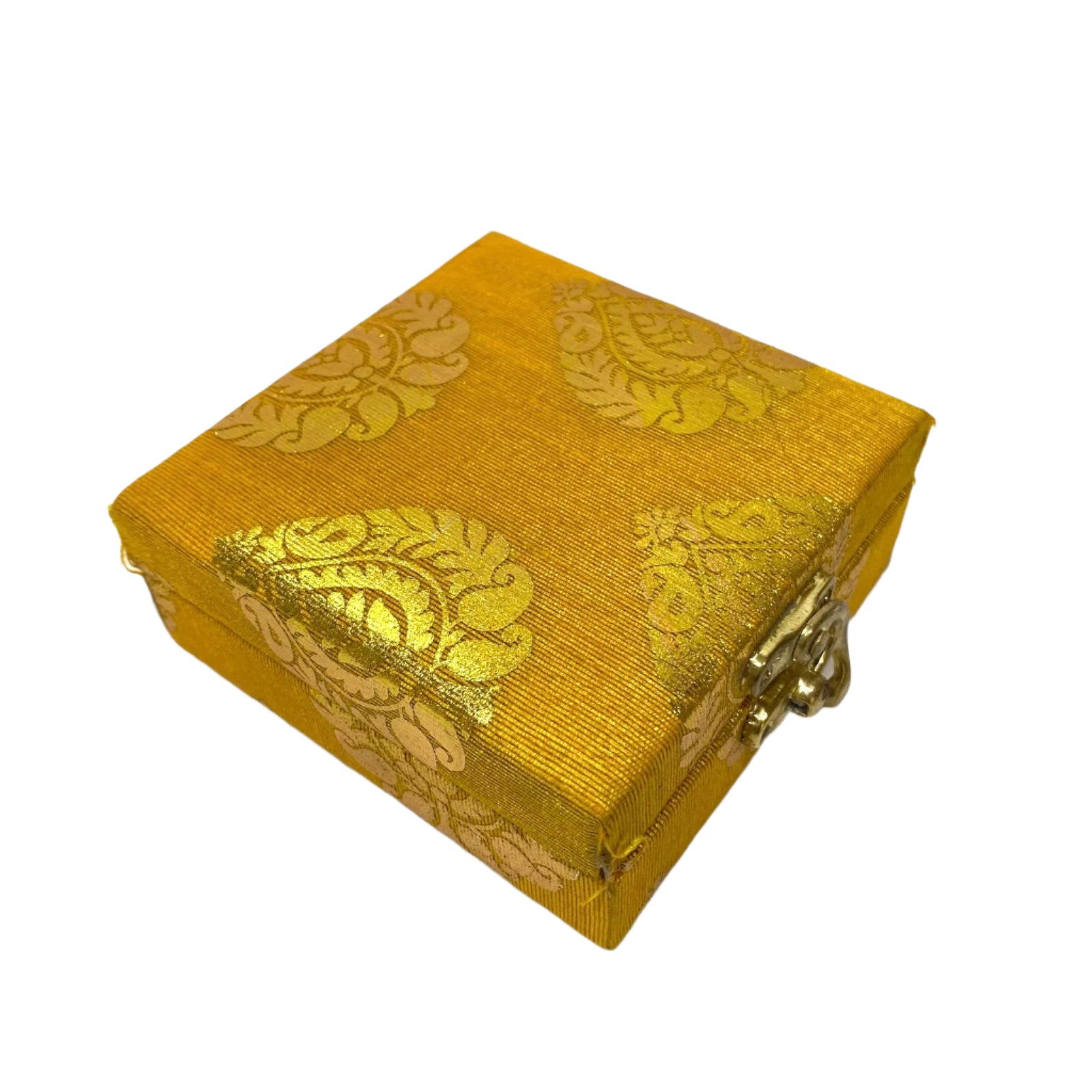 Gold jewelry box with intricate patterns on a white background