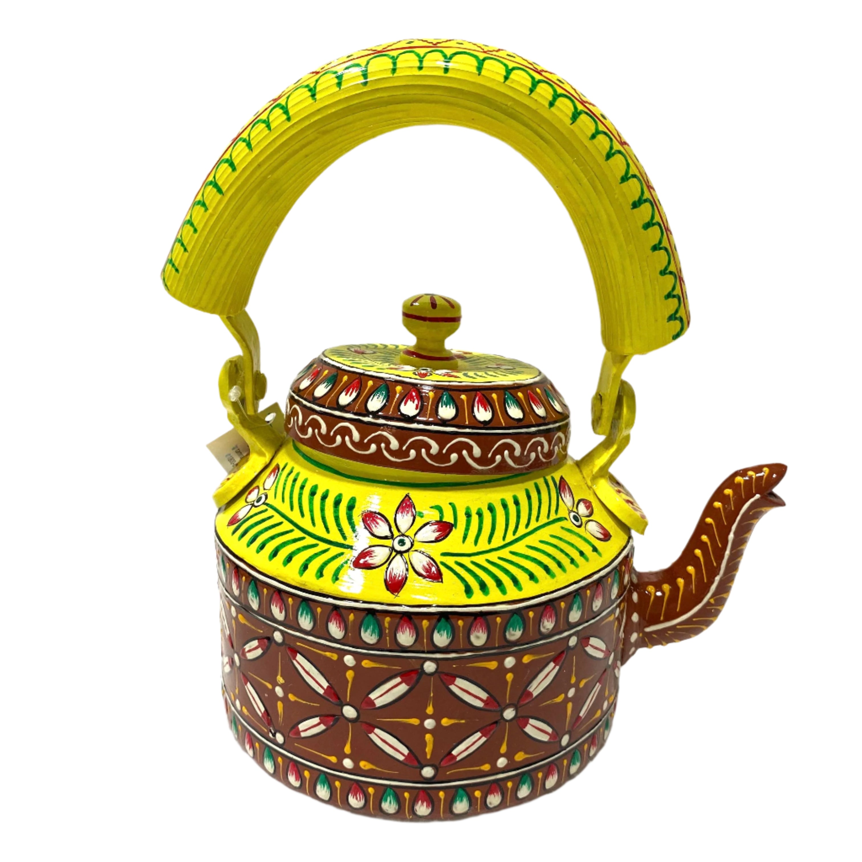 Decorative teapot with yellow handle and floral design on a white background