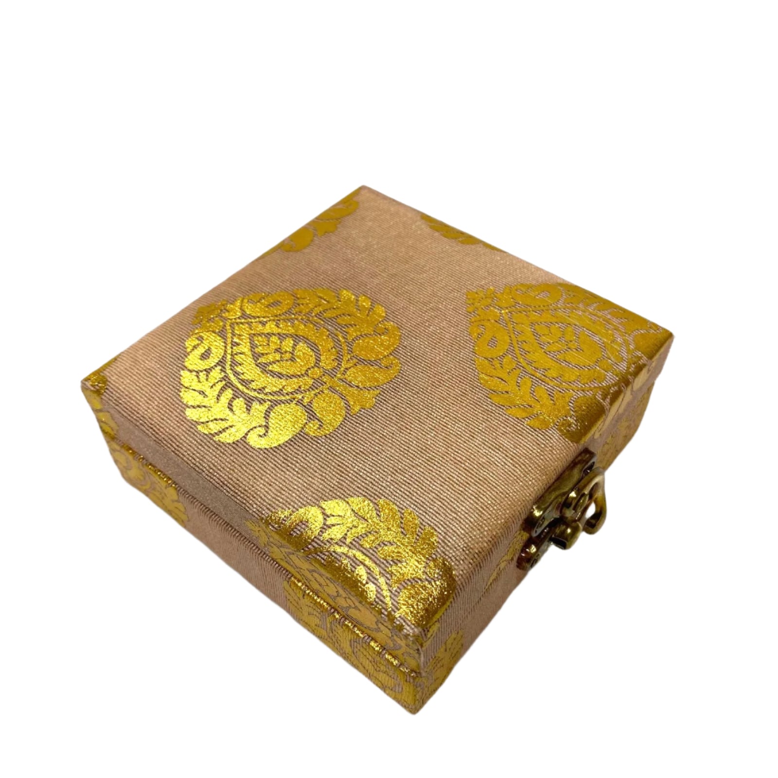 Beige jewelry box with gold floral patterns on a white background