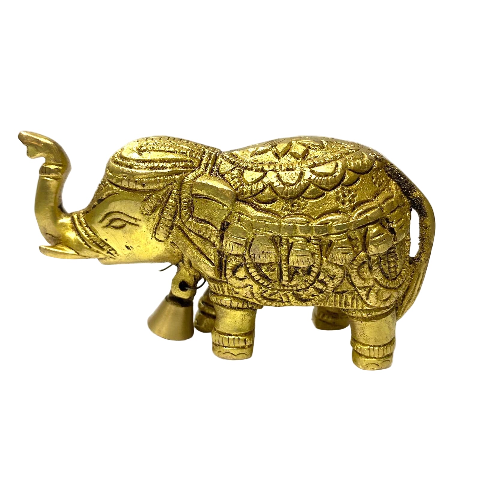 Decorative brass elephant figure on a textured white background