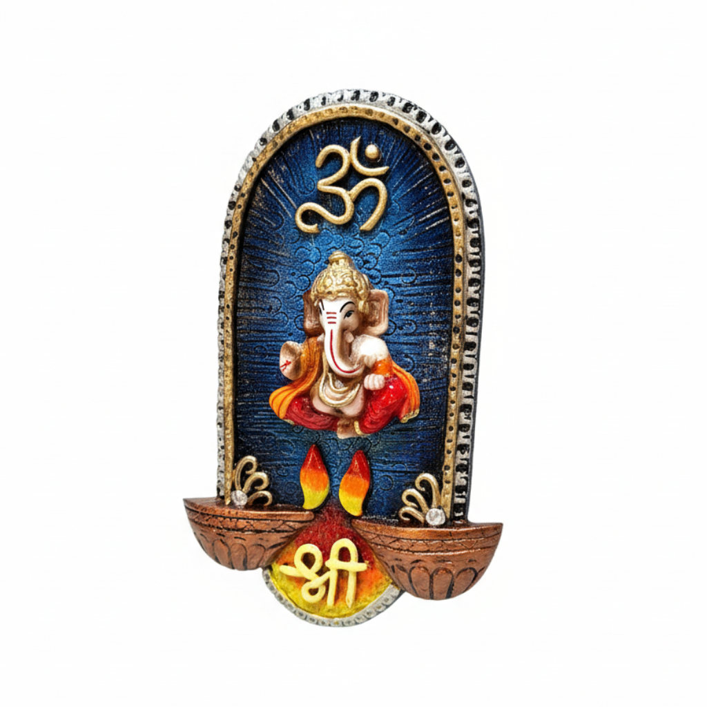 Decorative wall art with Lord Ganesha and Om symbol on a blue background