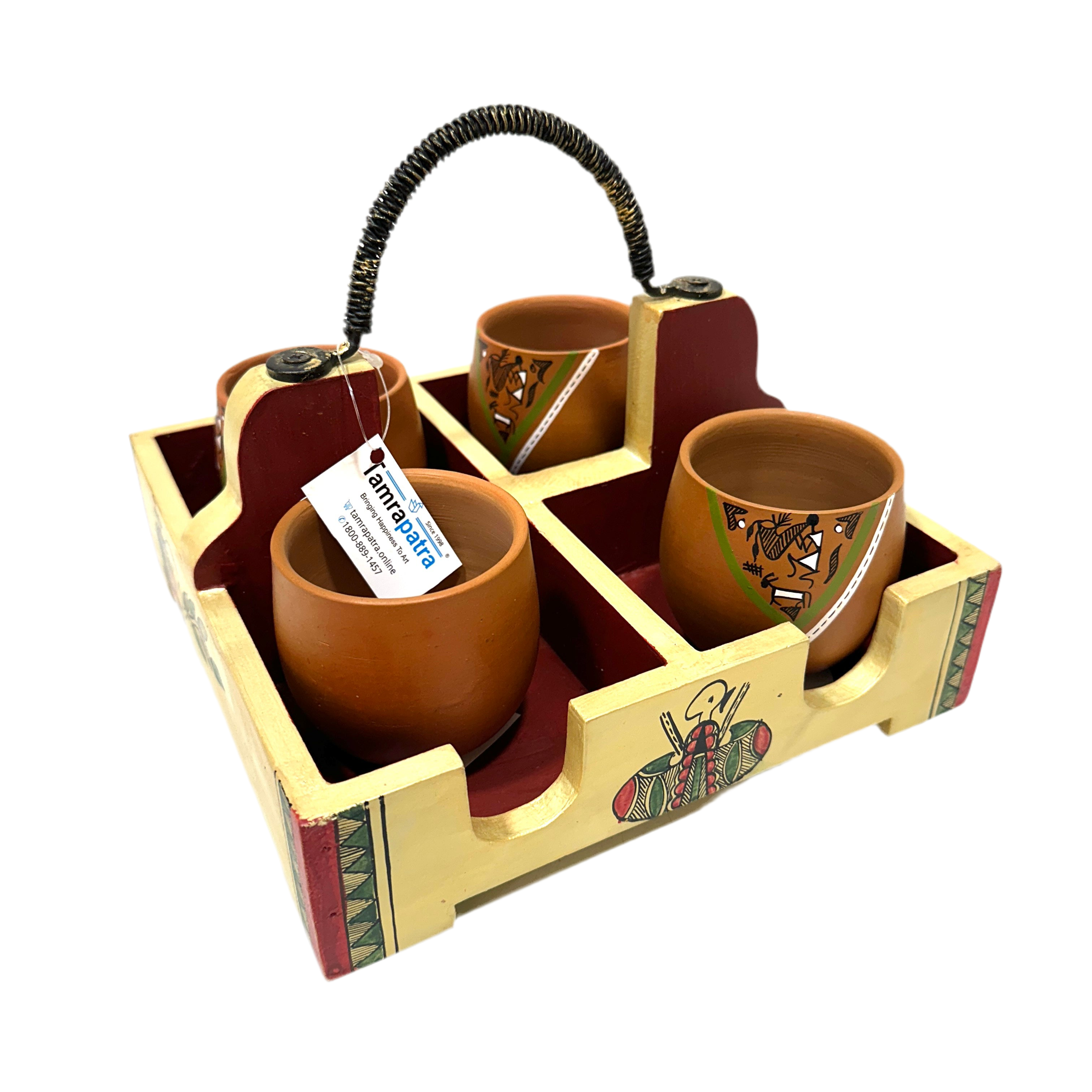 Cup Glass Holder Tray With Partition Hand Painted Utility Kitchen Decor Tamrapatra