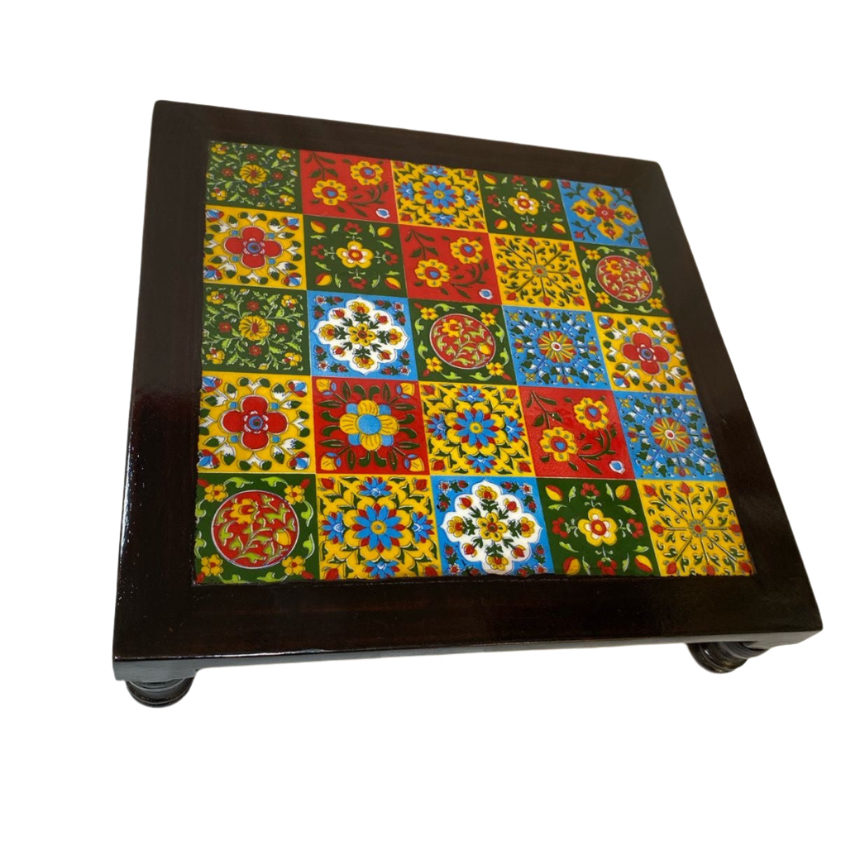 Wooden Stool With Blue Pottery Tiles Exclusive Furniture Collection From Tamrapatra