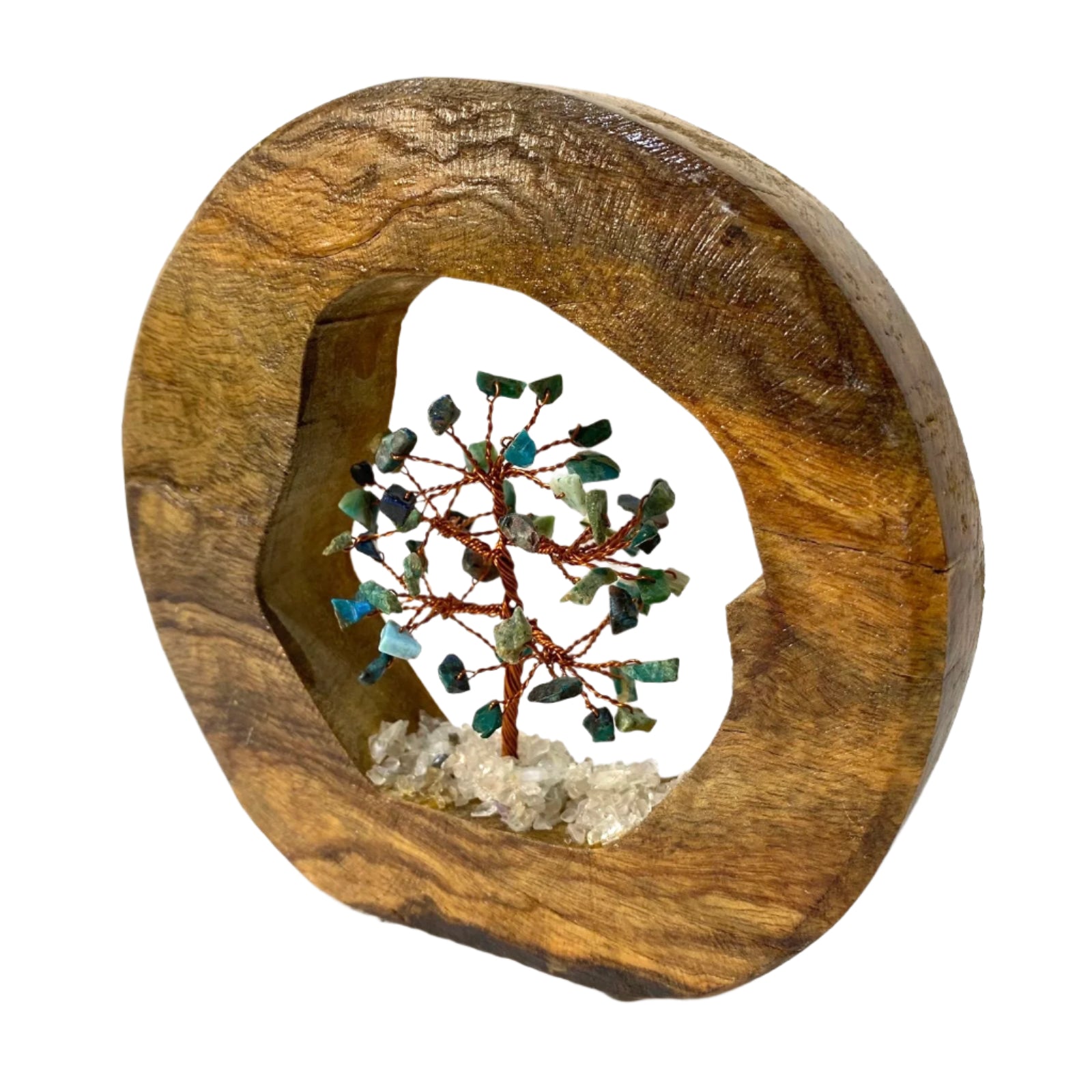 Decorative piece with a tree sculpture inside a wooden circle on a white background