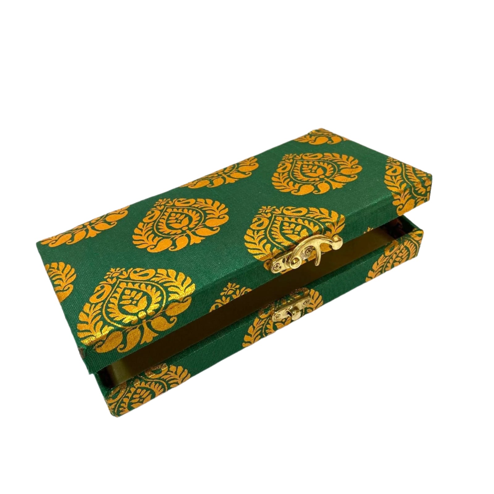 Green box with gold decorative patterns on a white background