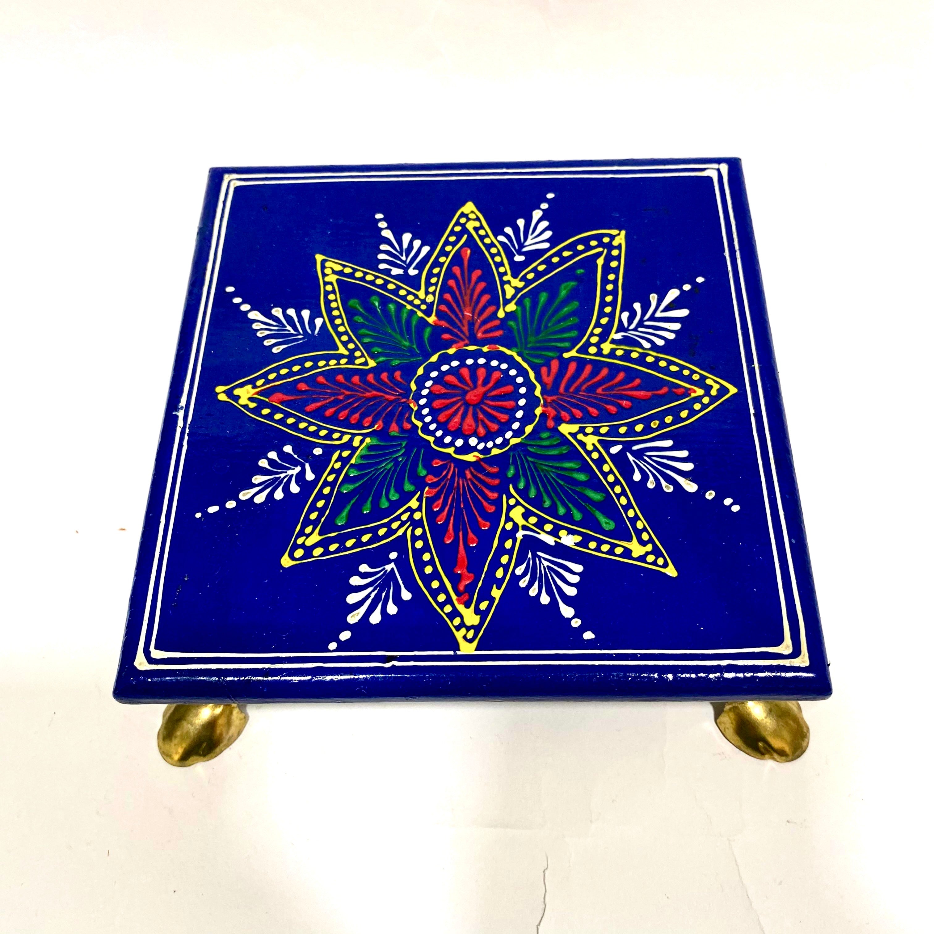 Hand Painted Wooden Bajoth Color With Metal Legs Handcrafted By Tamrapatra