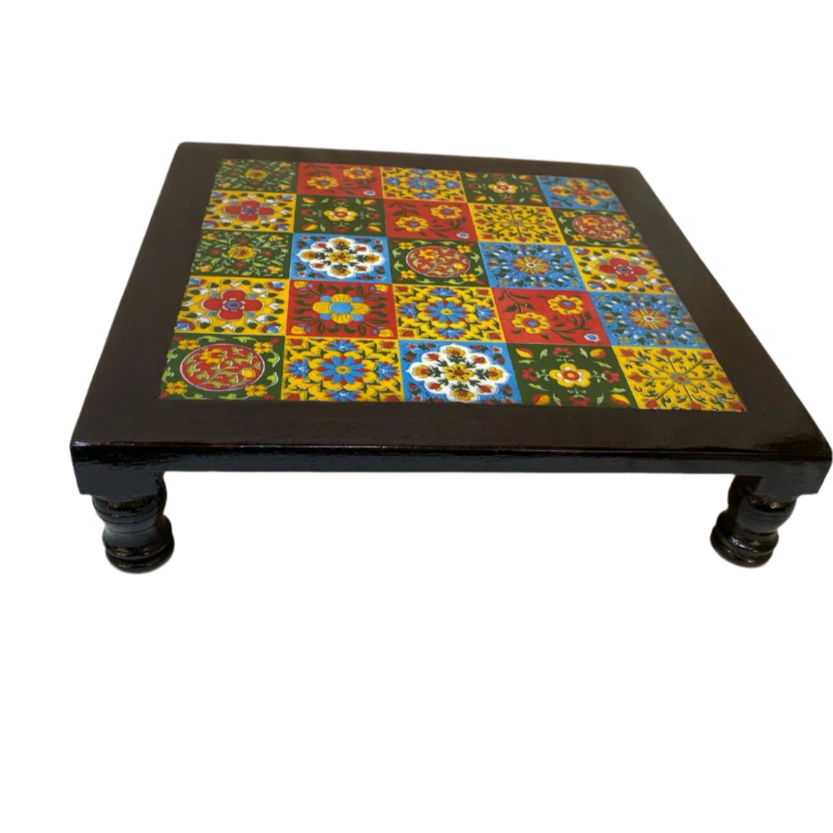 Wooden Stool With Blue Pottery Tiles Exclusive Furniture Collection From Tamrapatra