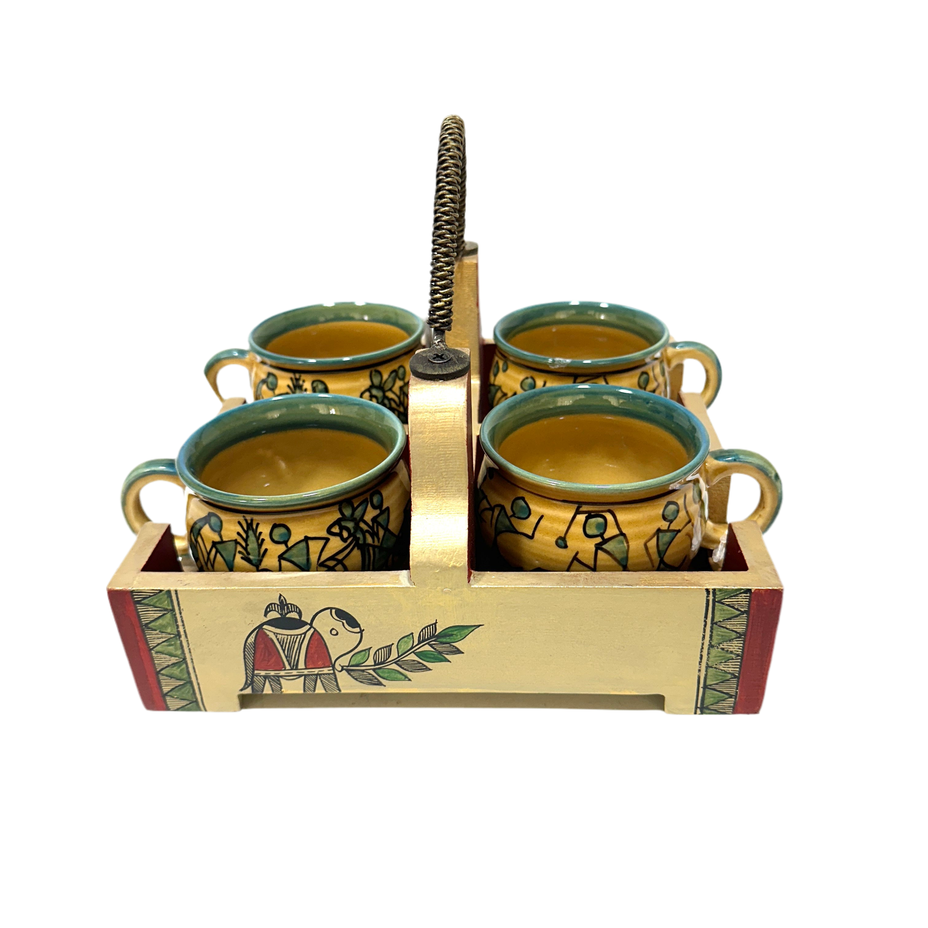 Cup Glass Holder Tray With Partition Hand Painted Utility Kitchen Decor Tamrapatra
