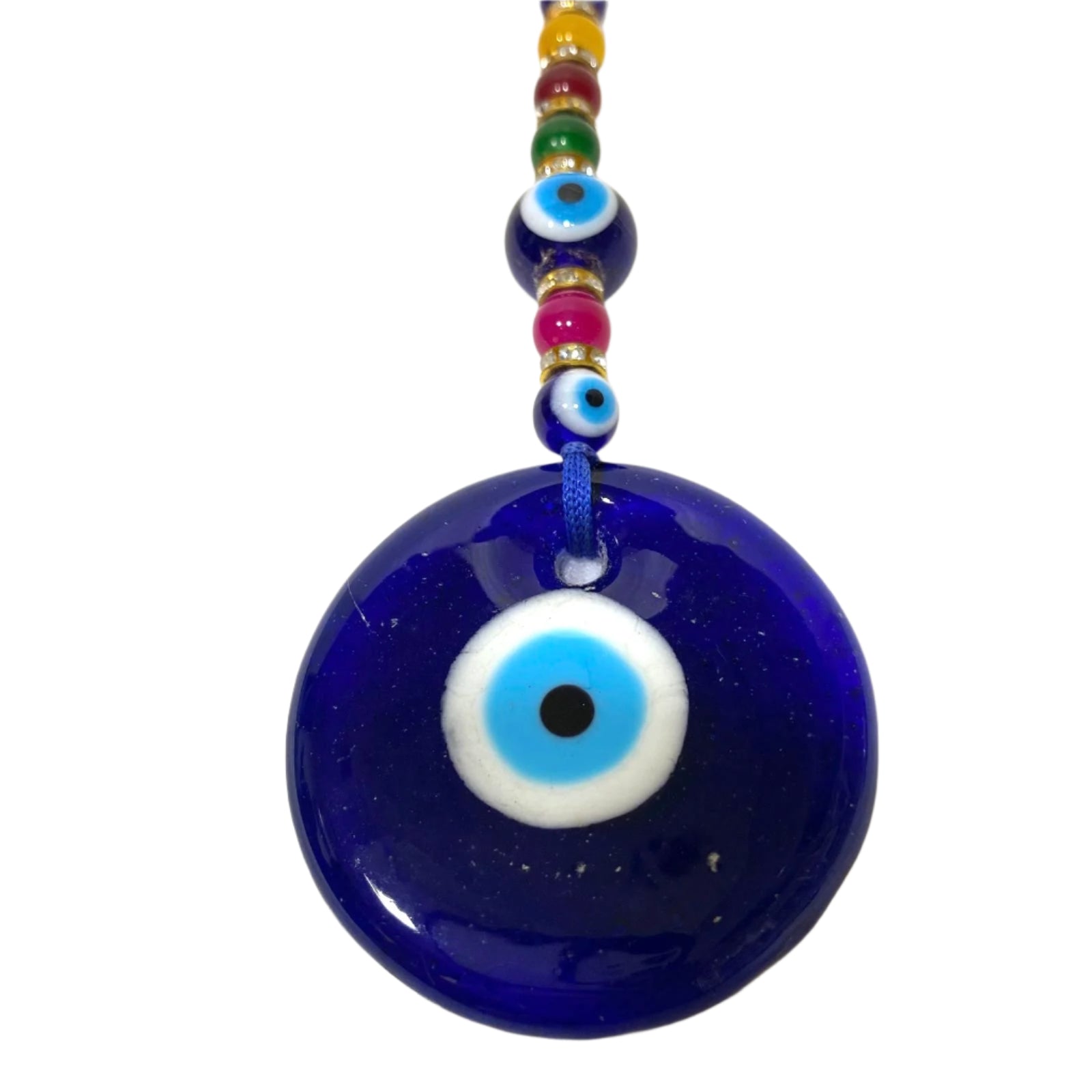 Blue evil eye pendant with colorful beads on a white background