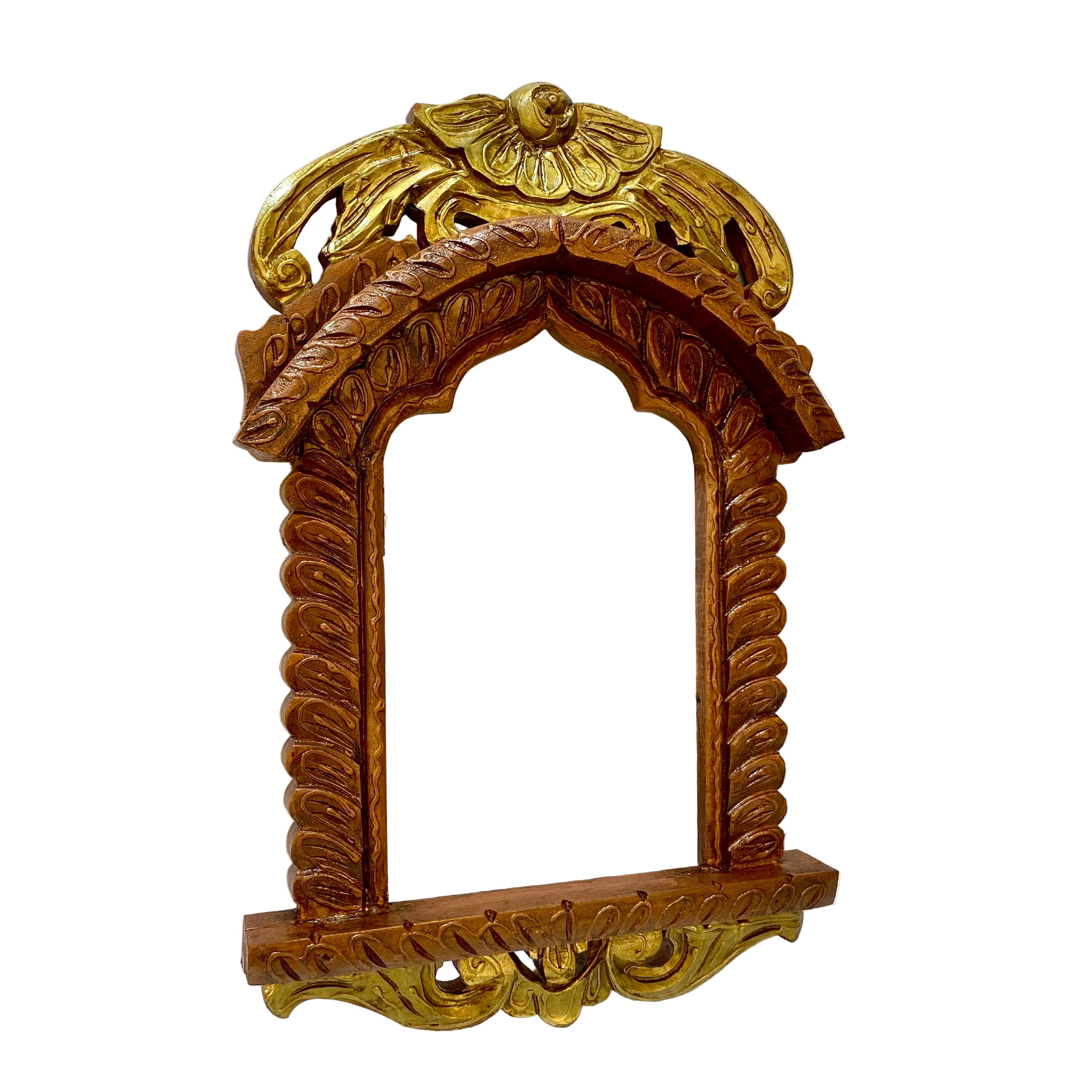 Decorative wooden frame with gold accents on a white background
