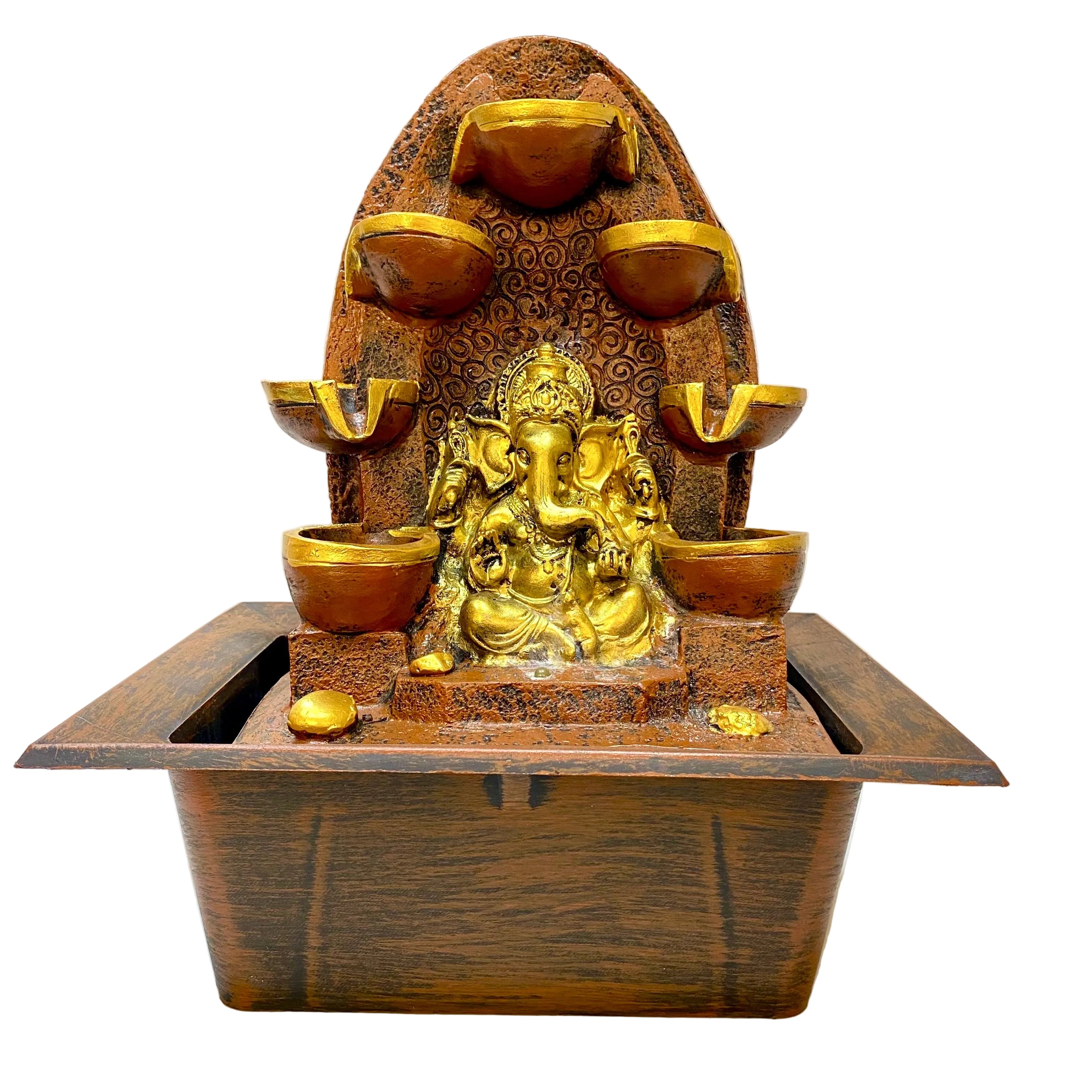 Decorative fountain with a statue of a deity in the center, surrounded by small bowls.