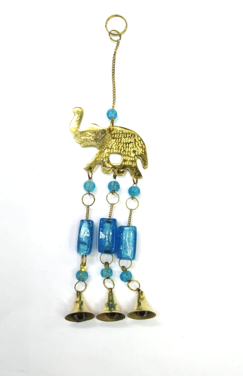 Elephant Hanging Brass With Colorful Stone & Bells Chime Handicraft Tamrapatra