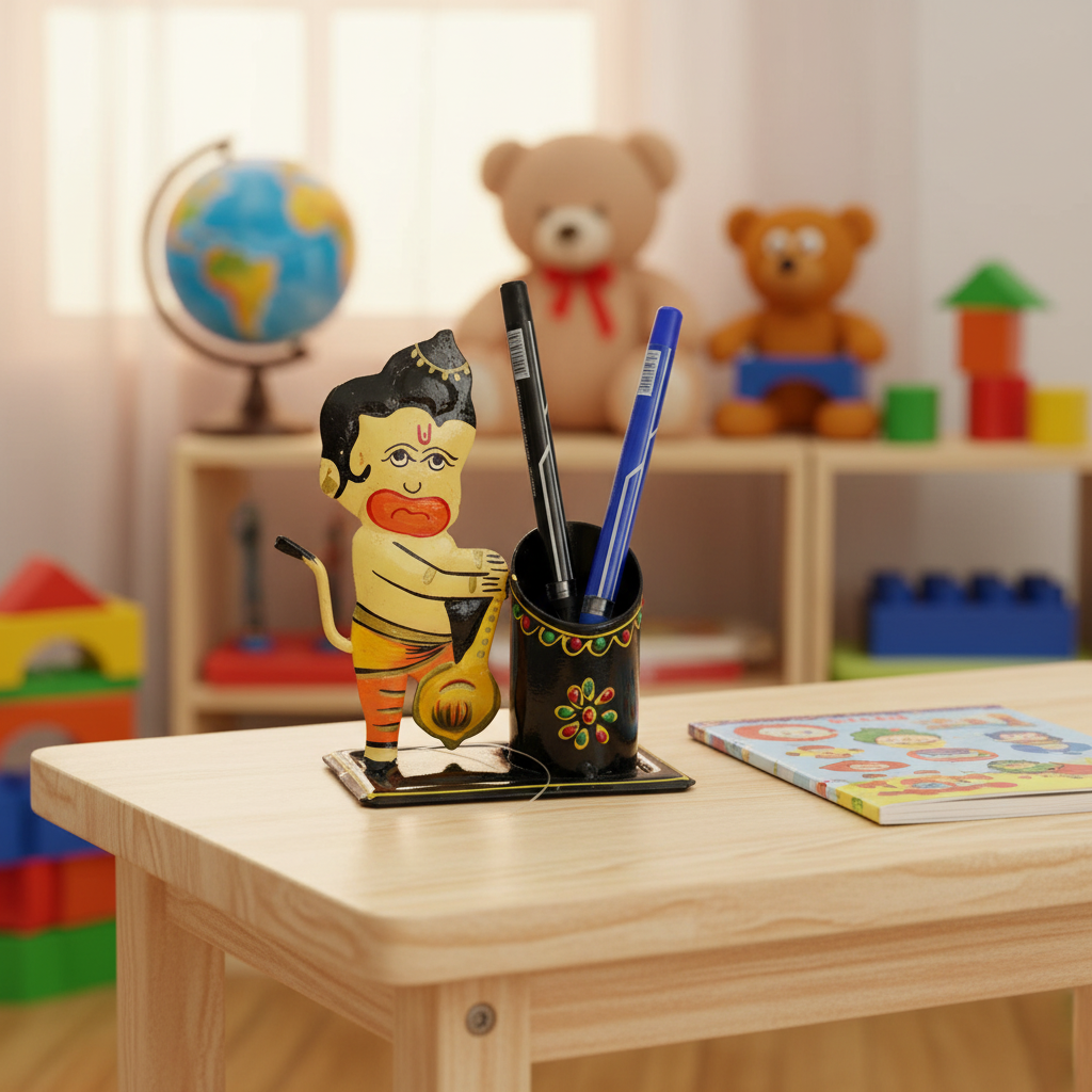 Creative Metal Pen Stand With God Figurine New Arrivals Handmade From Tamrapatra