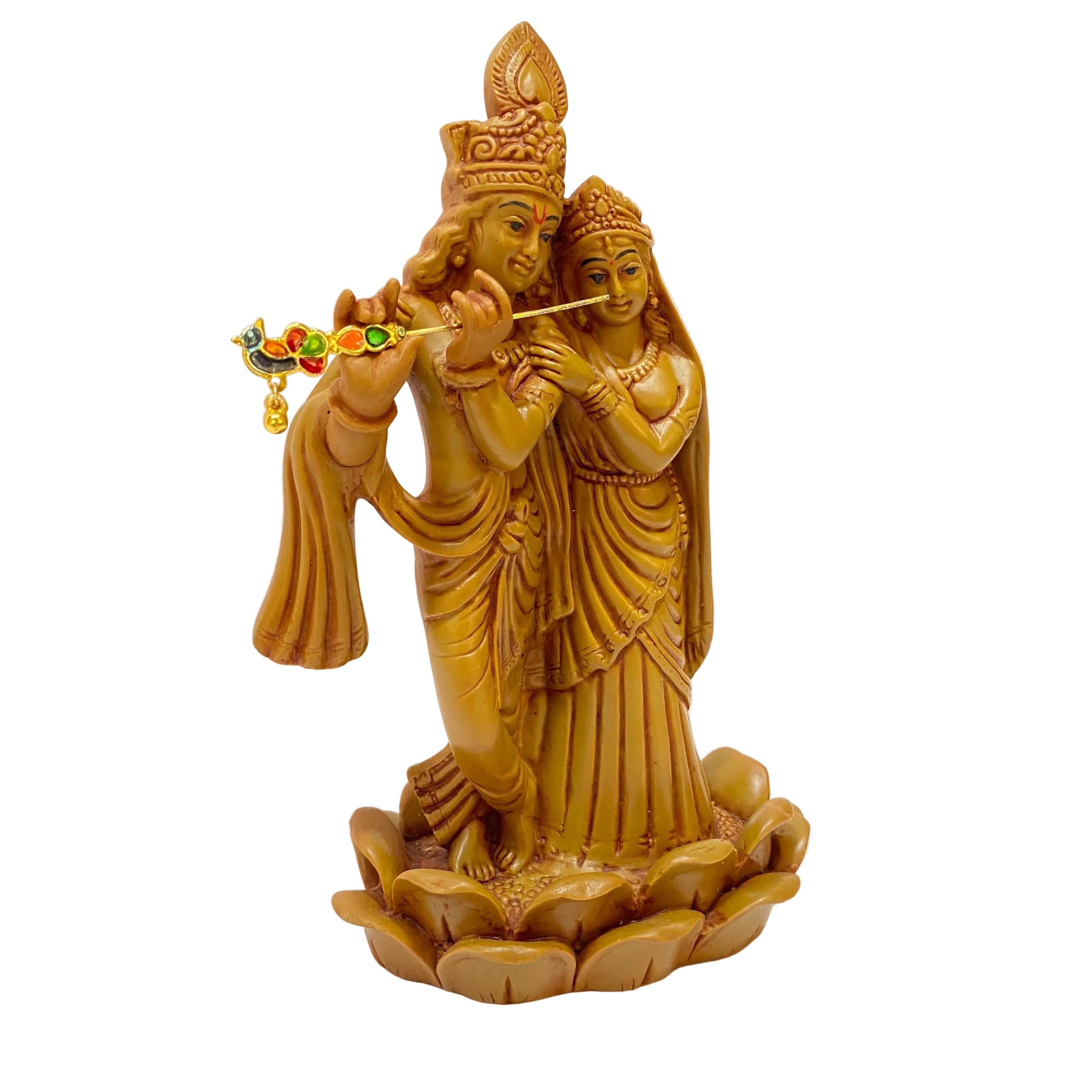 Statue of two figures playing a flute on a white background