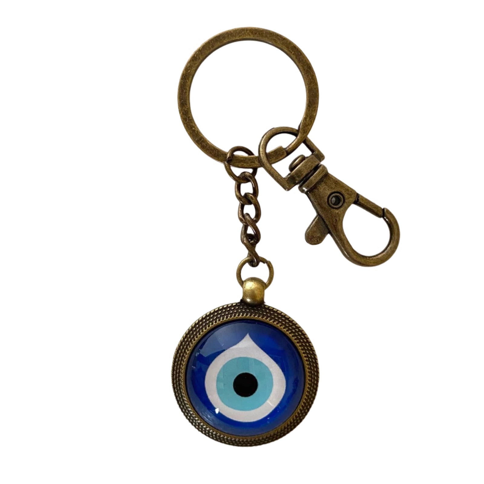 Keychain with blue eye design on a textured white background