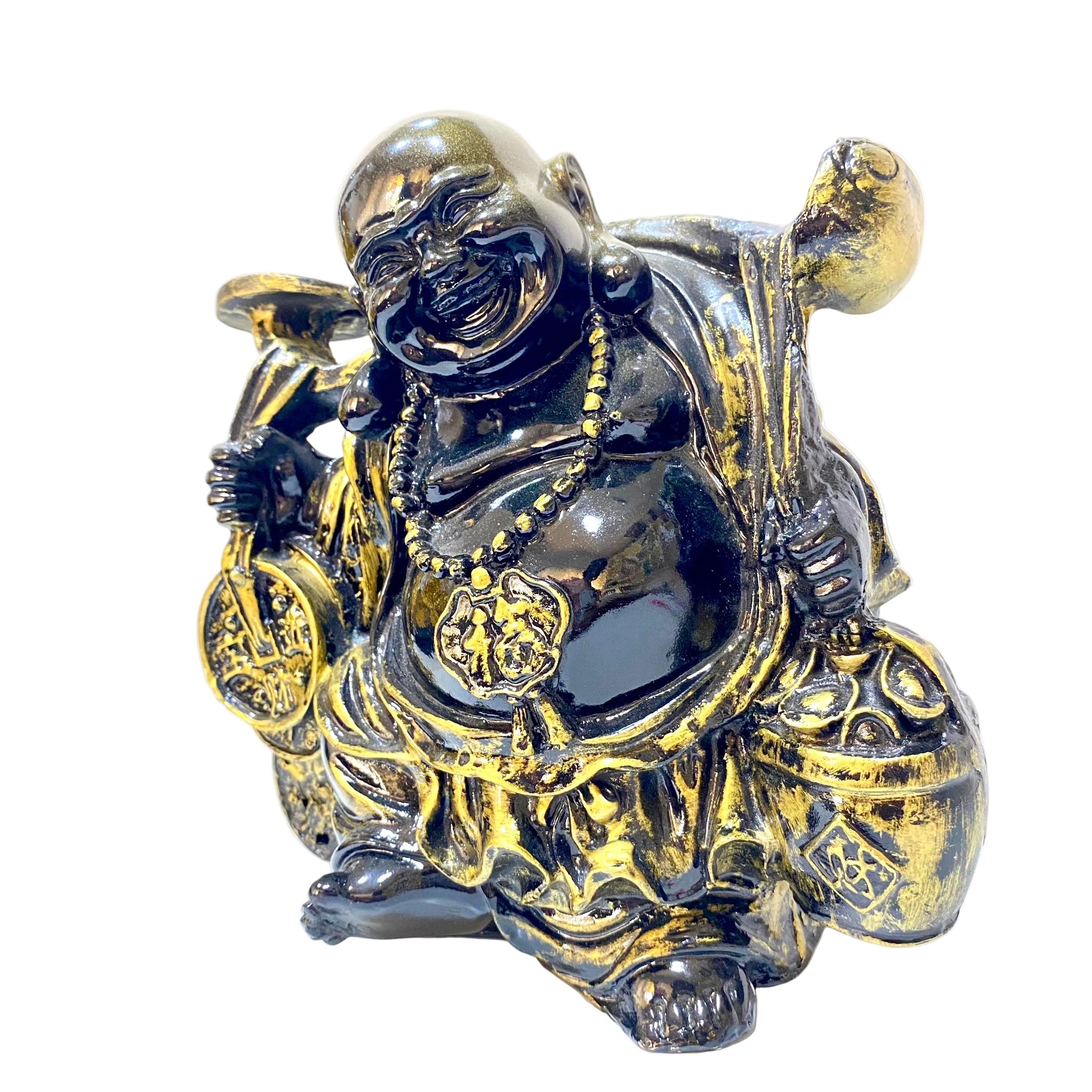 Decorative statue of a laughing Buddha with gold accents on a white background