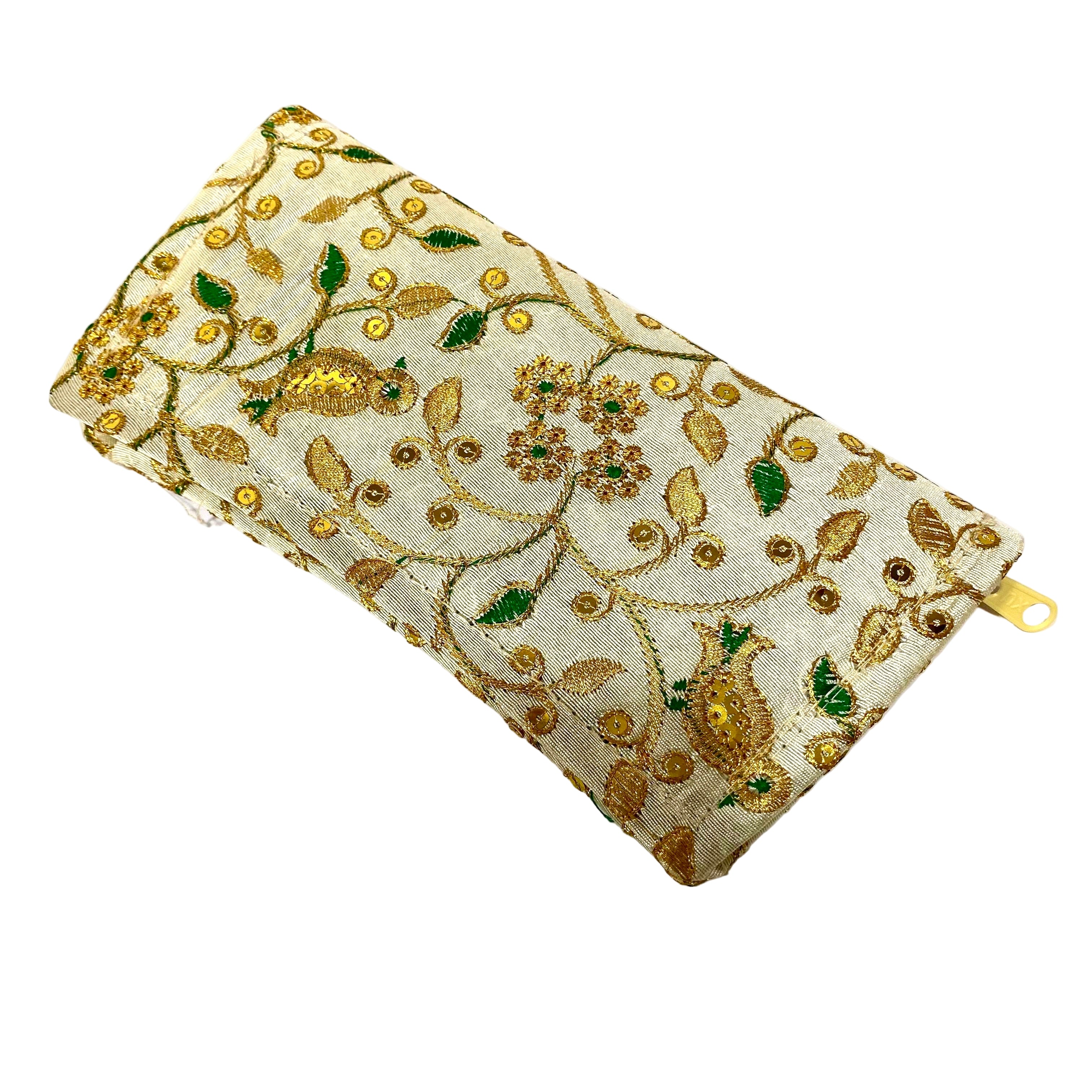 Decorative pouch with gold and green floral embroidery on a white background