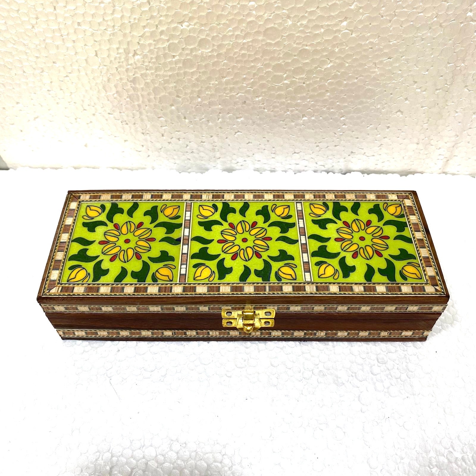 3 Tiles Blue Pottery On Wooden Storage Box With Velvet Interior By Tamrapatra