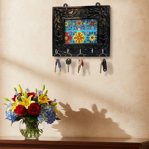 Blue Pottery Tiles On Wooden Floral Carving On Key Hanger Utility From Tamrapatra - Tamrapatra
