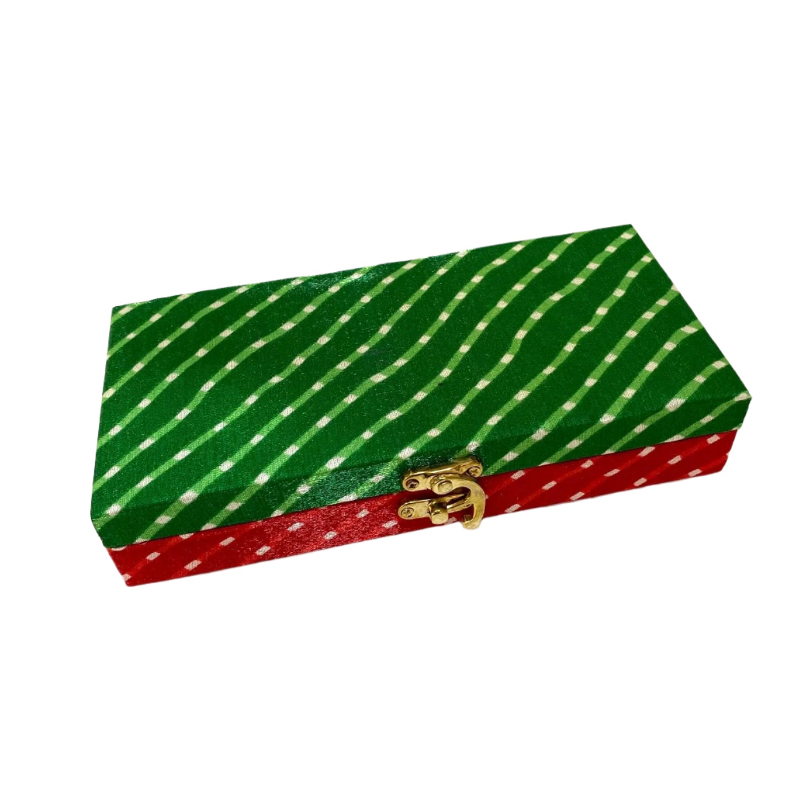Green and red striped box with a gold clasp on a white background