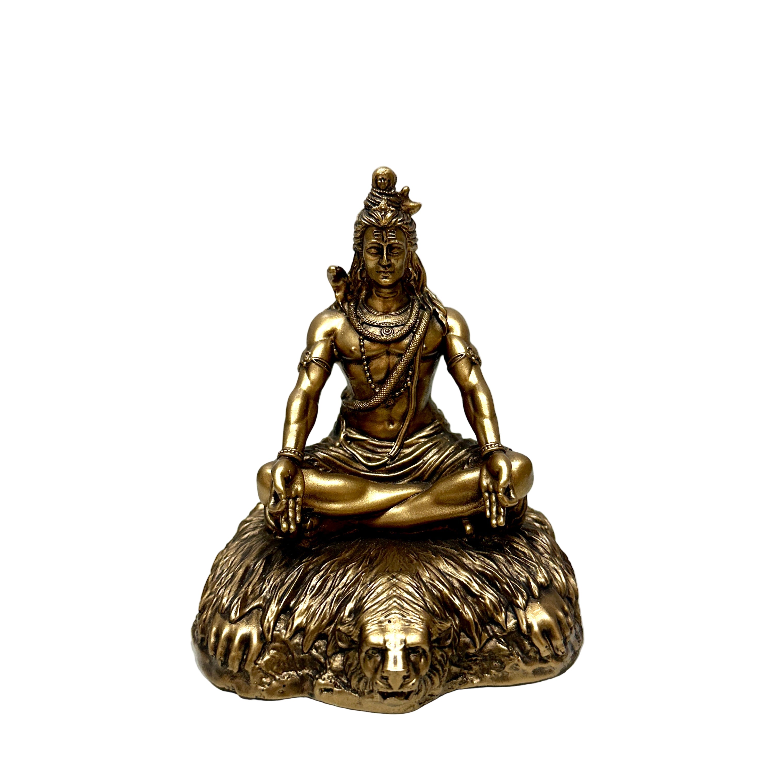 Bronze statue of a seated figure on a white background