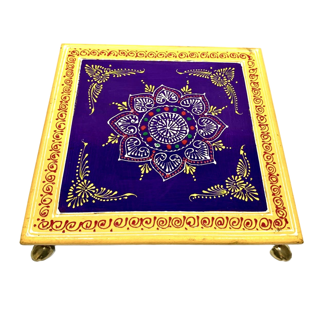 Decorative box with purple design and gold border on a white background