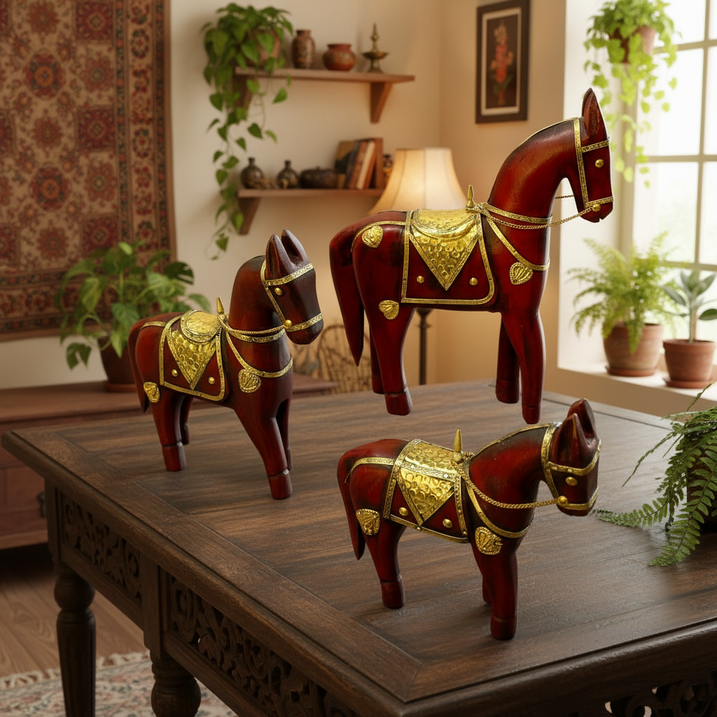 Artistic Wooden Horse Painted Rustic Style Best Handicrafts By Tamrapatra