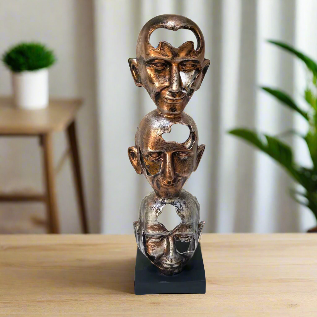 3 Faces On Stand Modern Artefacts With Rustic Shades New By Tamrapatra
