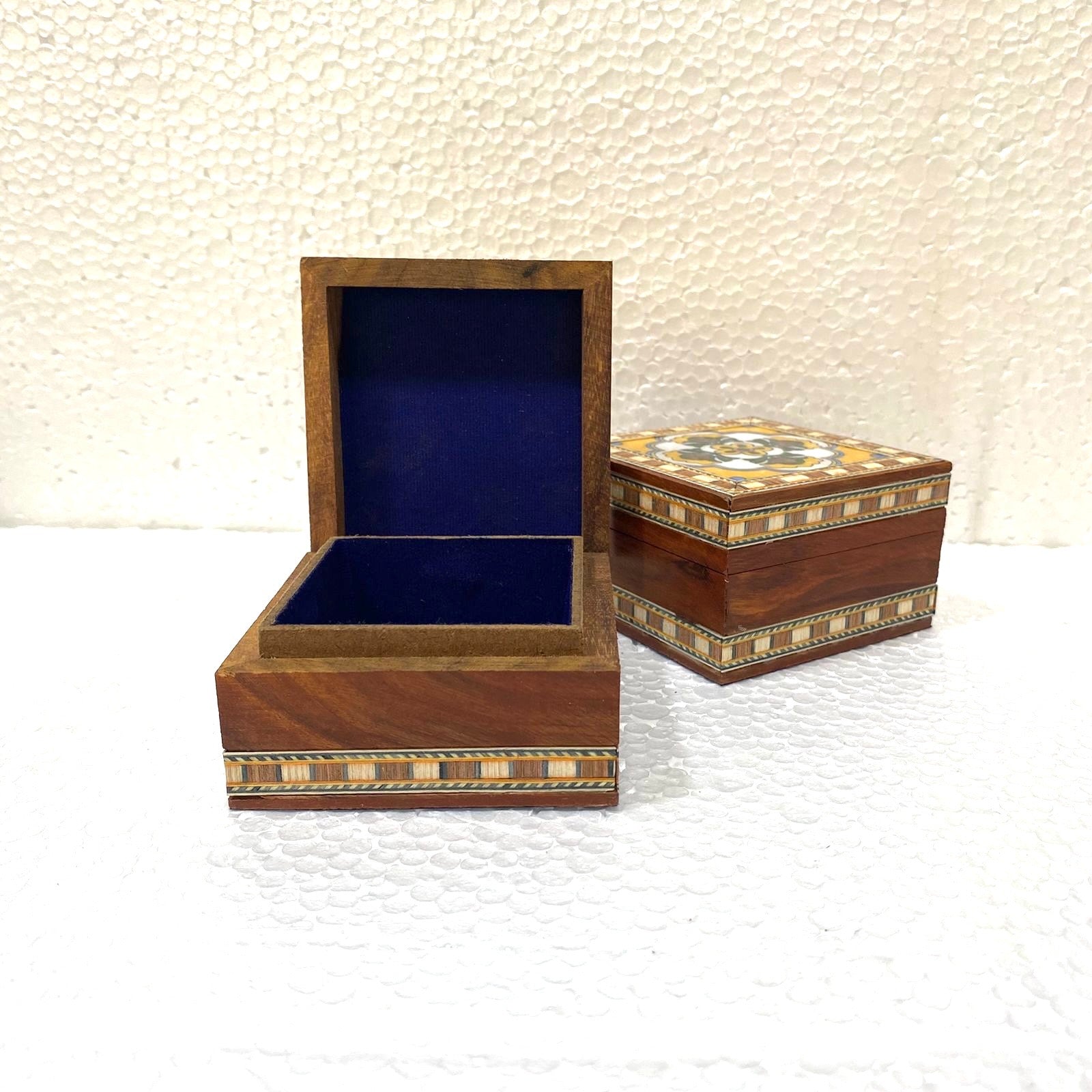 Single Blue Pottery Tile Wooden Box Storage Utility Handcrafted From Tamrapatra