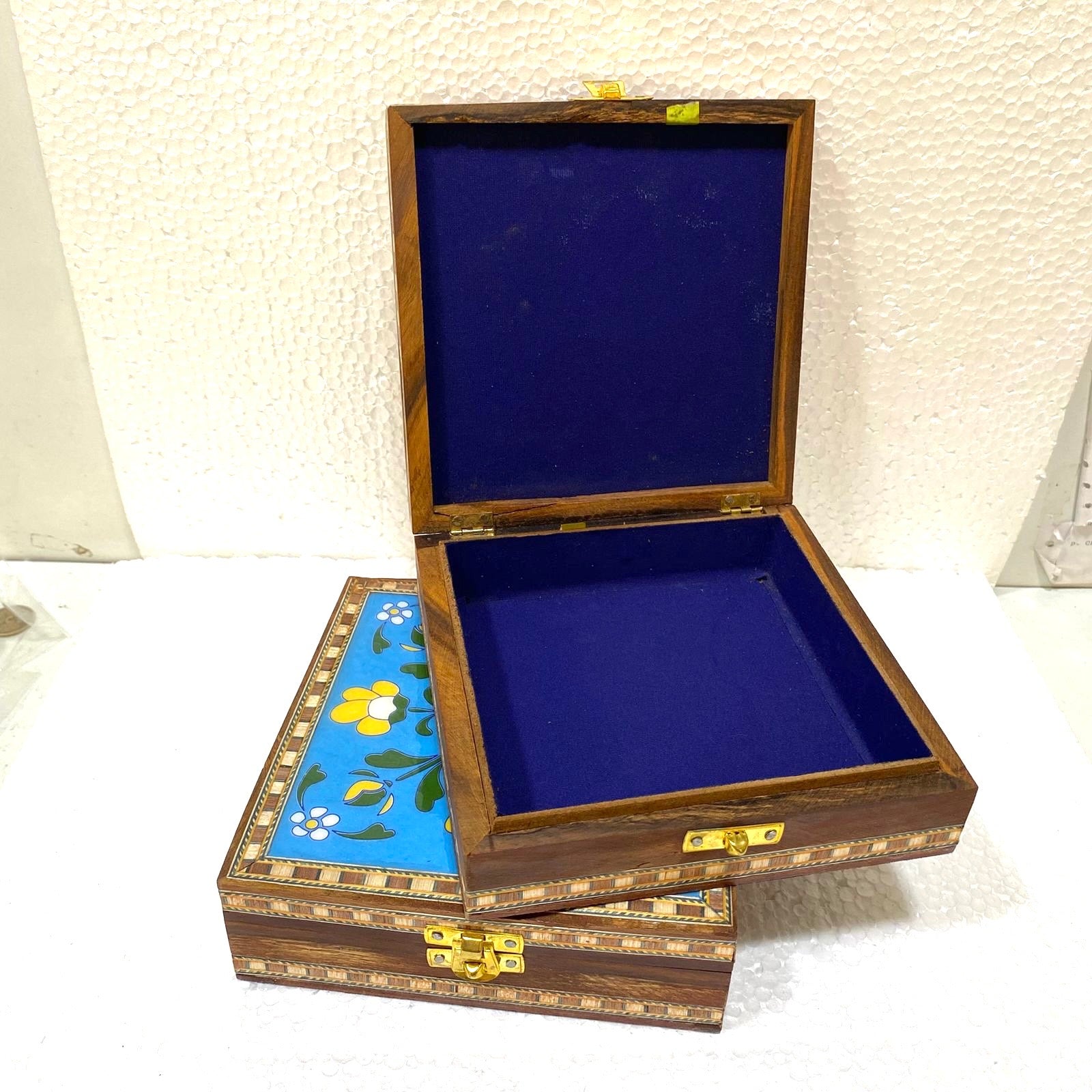 Blue Pottery Tile Wooden Box Storage Utility Jewelry New Arrival Tamrapatra