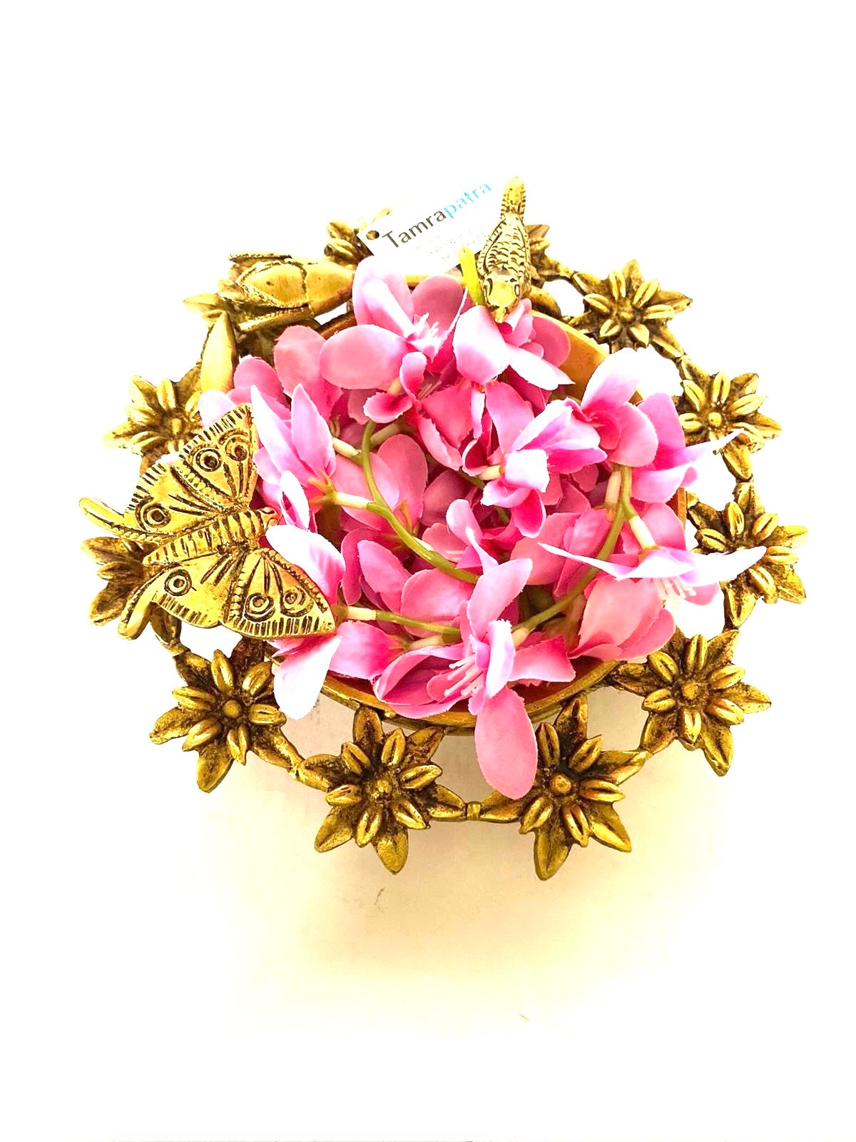 Designer Brass Urli With Butterfly & Bird Sitting On Flower Home Décor Tamrapatra - Tamrapatra