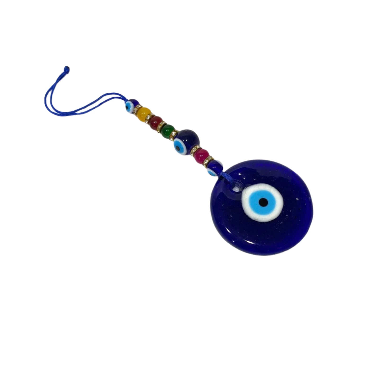 Blue evil eye charm with colorful beads on a white background