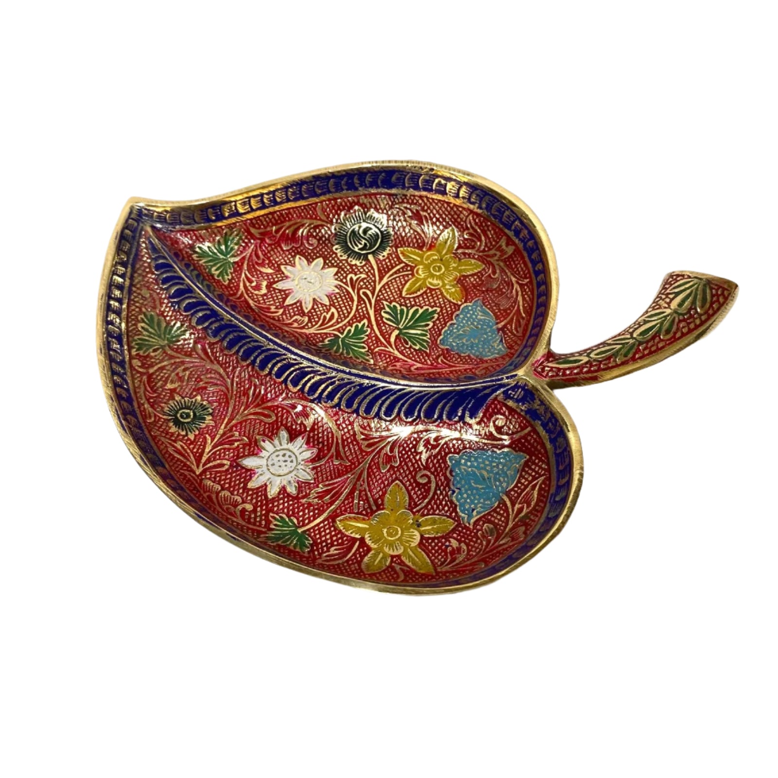 Decorative half-circle dish with floral patterns on a white background